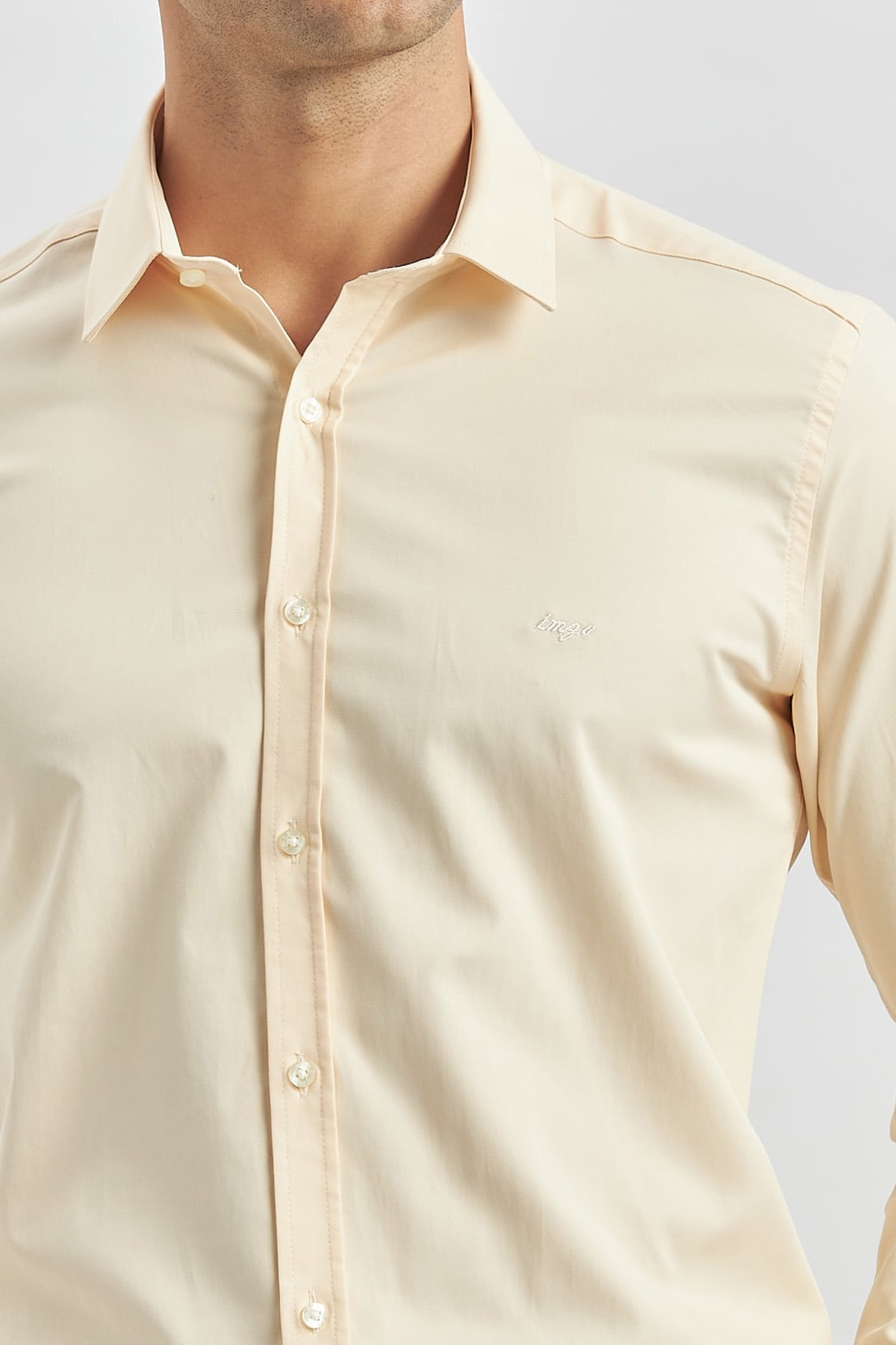 Bej Uzun Kol Düz Bez Ayağı Sert Yaka Classic Slim Fit Gömlek 1004240334