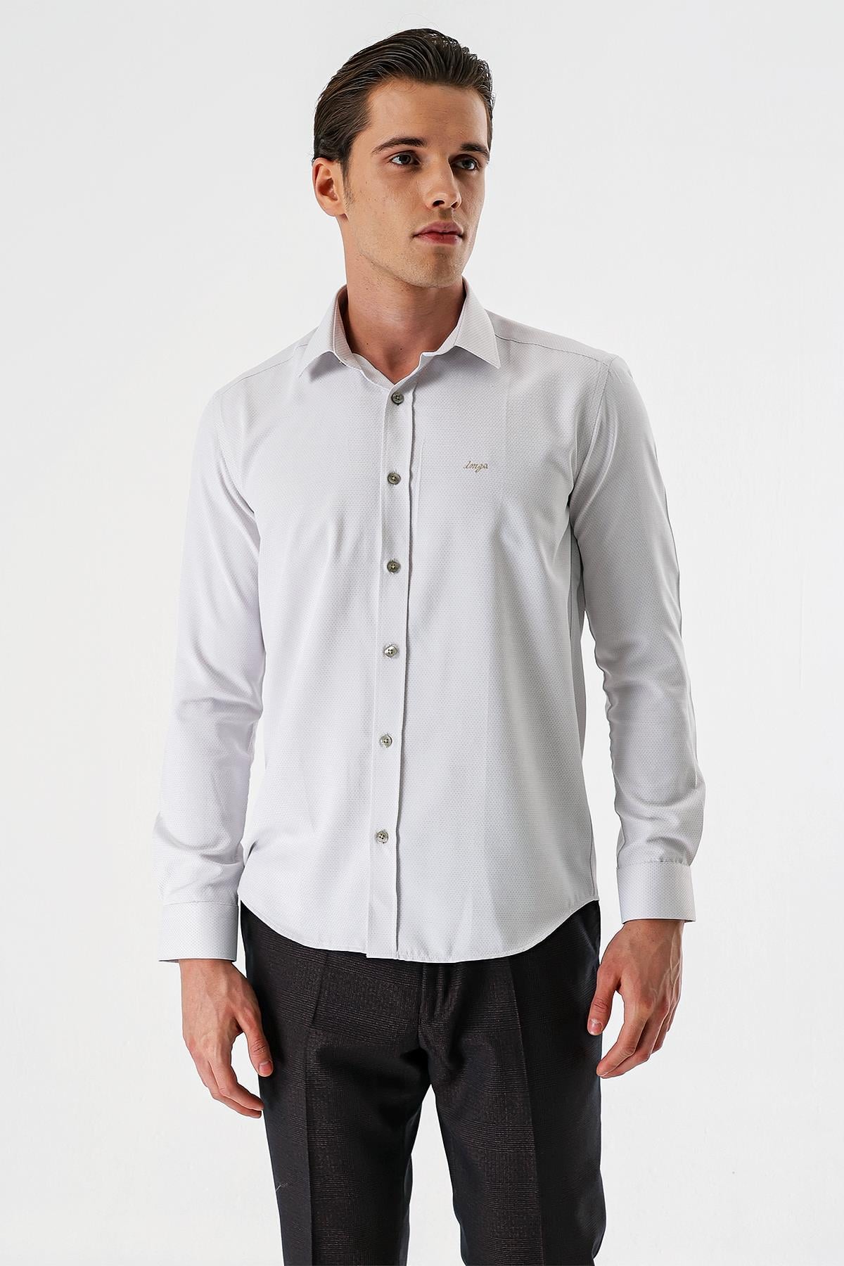 Bej Uzun Kollu Armürlü Cepsiz Pamuklu Slim Fit Gömlek 1004235171