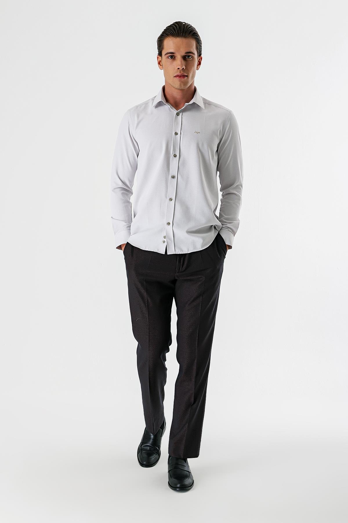 Bej Uzun Kollu Armürlü Cepsiz Pamuklu Slim Fit Gömlek 1004235171