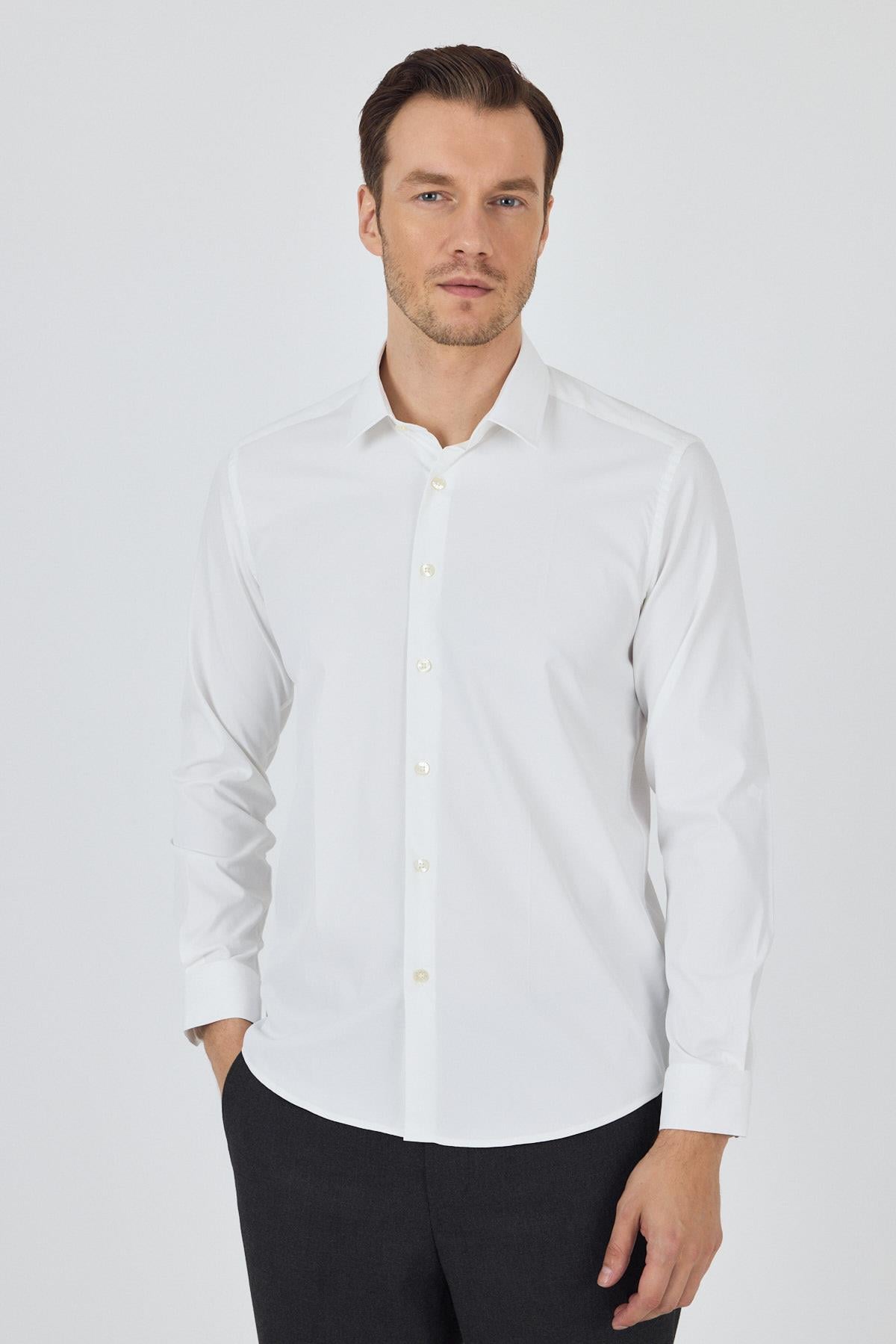 Krem Rengi Sert Yaka Cepsiz Gabardin Uzun Kol Slim Fit Esnek Gömlek 1004250234