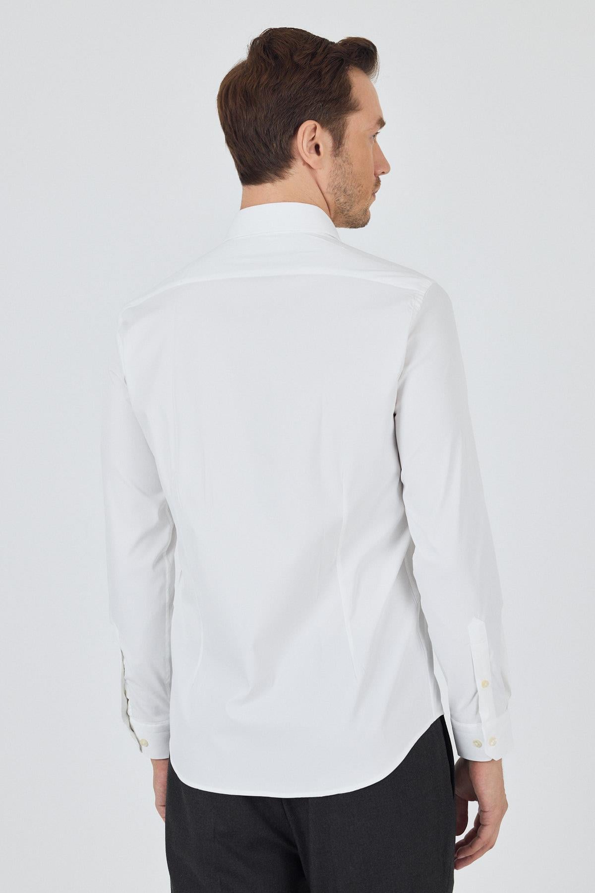 Krem Rengi Sert Yaka Cepsiz Gabardin Uzun Kol Slim Fit Esnek Gömlek 1004250234