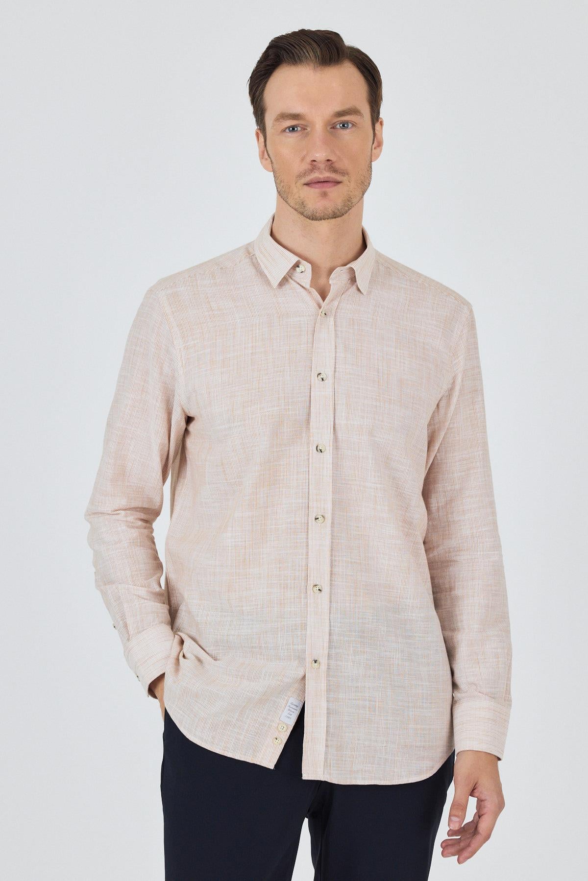 Turuncu Uzun Kol Cepsiz Pamuk Casual Comfort Fit Gömlek 1004250127