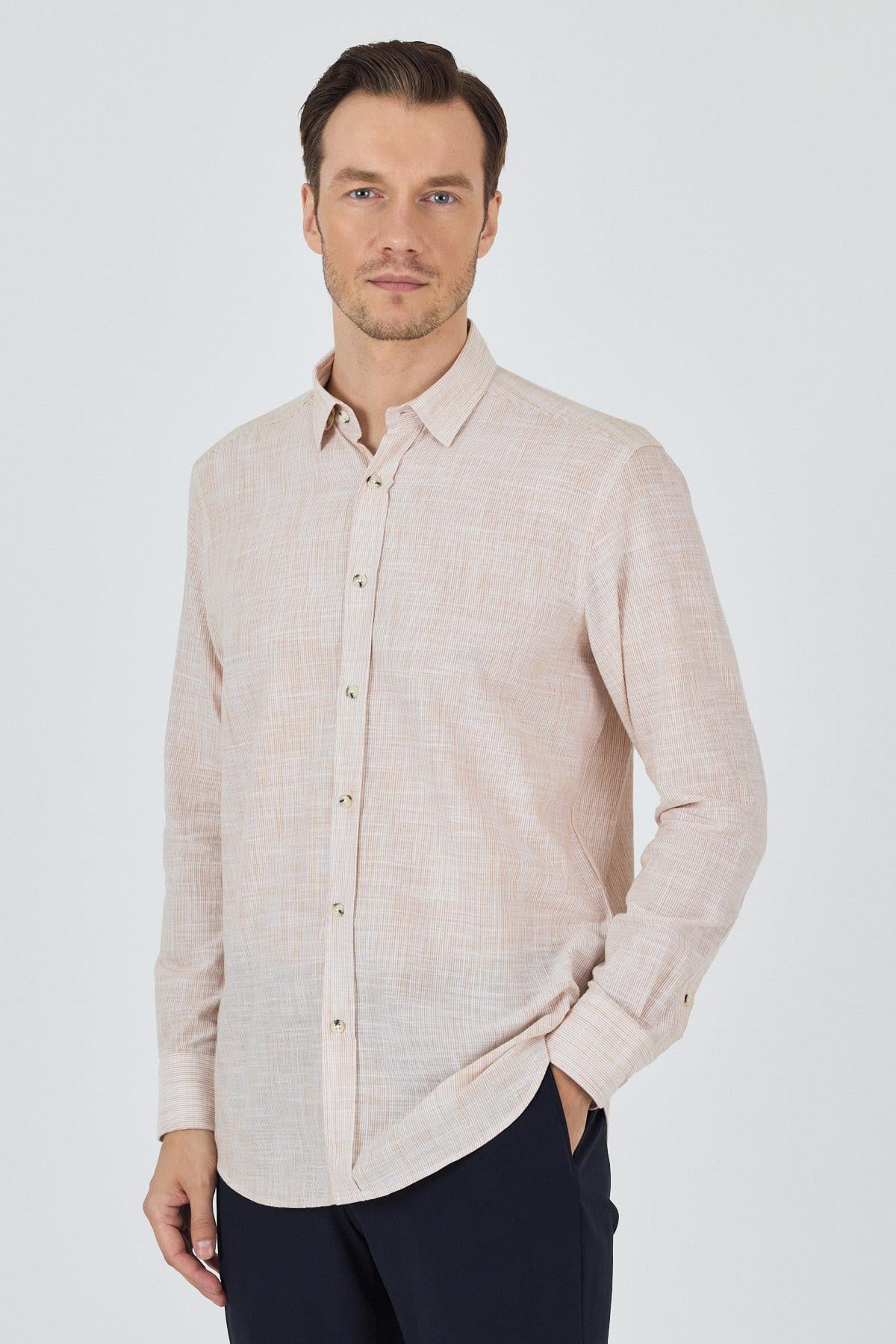 Turuncu Uzun Kol Cepsiz Pamuk Casual Comfort Fit Gömlek 1004250127