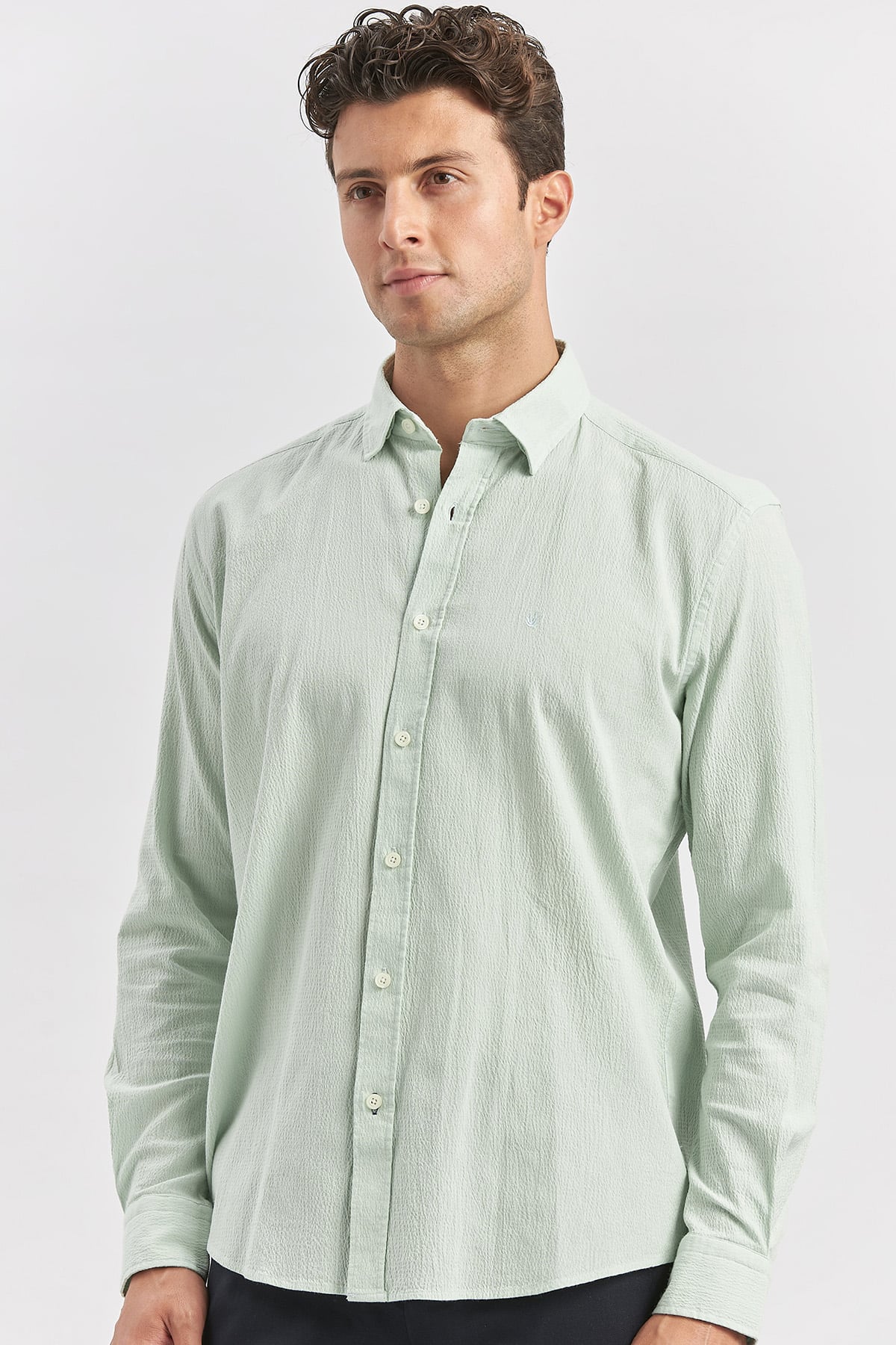 Turkuaz Uzun Kollu Gofreli Biyeli %100 Pamuk Casual Slim Fit Dar Kesim Gömlek 1004240247