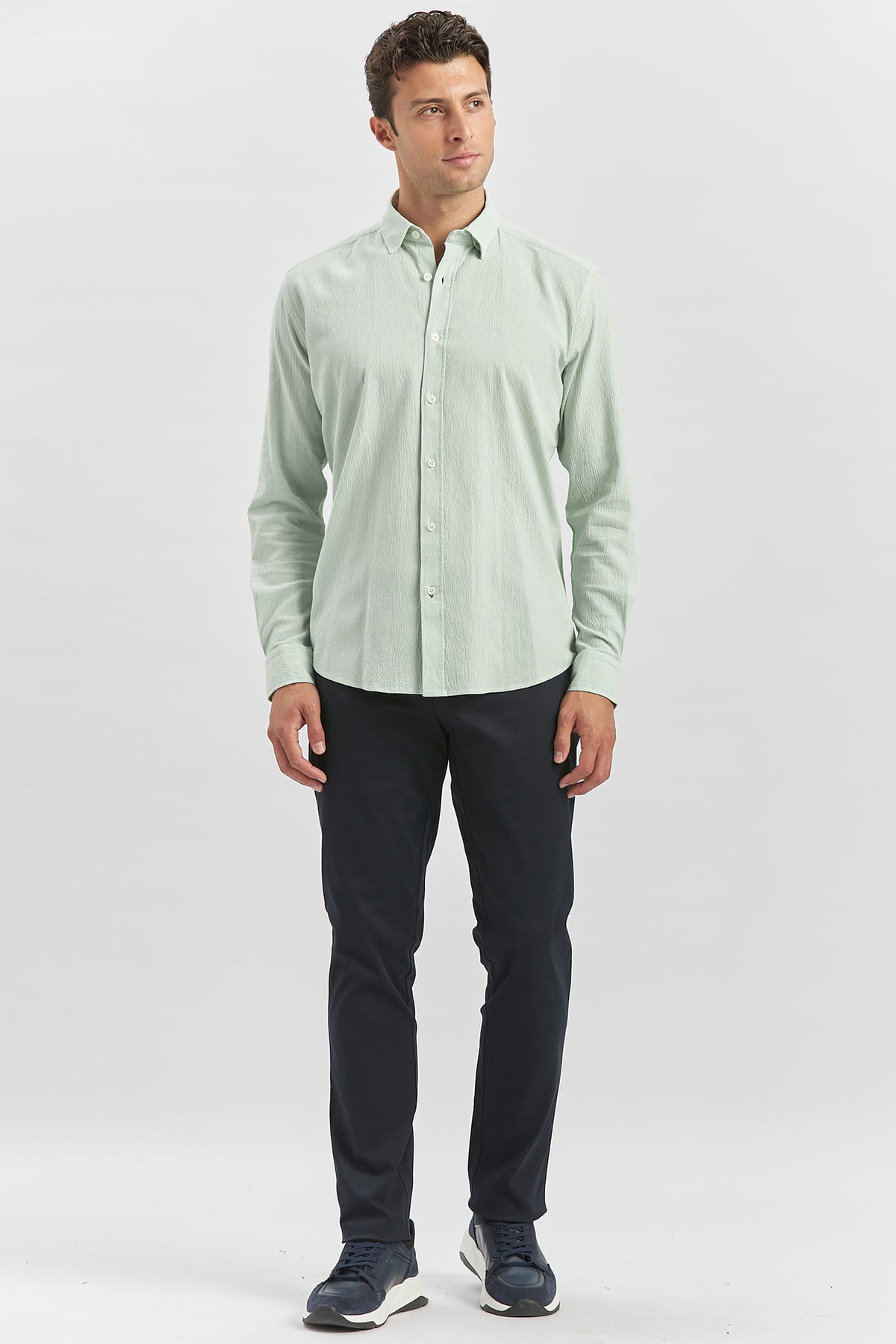 Turkuaz Uzun Kollu Gofreli Biyeli %100 Pamuk Casual Slim Fit Dar Kesim Gömlek 1004240247