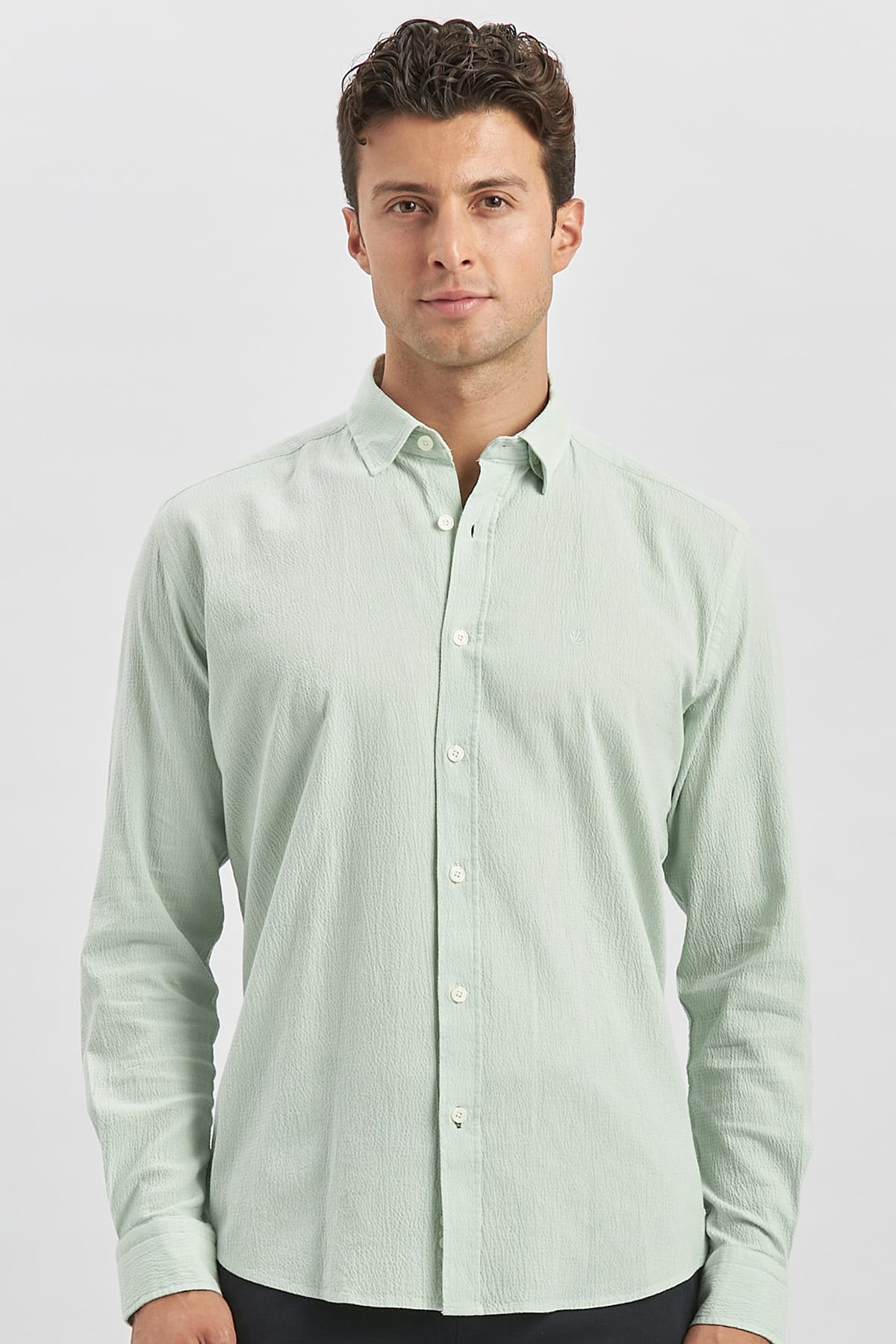Turkuaz Uzun Kollu Gofreli Biyeli %100 Pamuk Casual Slim Fit Dar Kesim Gömlek 1004240247