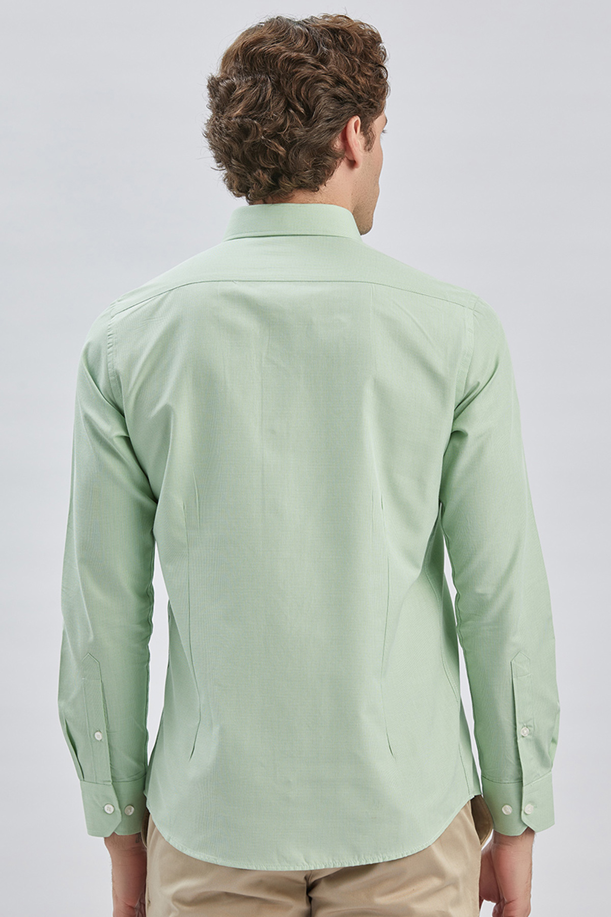 Yeşil Uzun Kollu Cepsiz Pamuklu Klasik Slim Fit Gömlek 1004240230