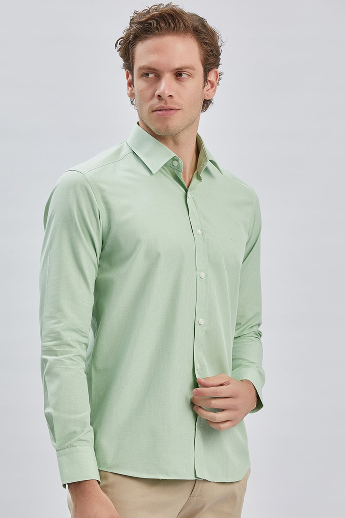 Yeşil Uzun Kollu Cepsiz Pamuklu Klasik Slim Fit Gömlek 1004240230