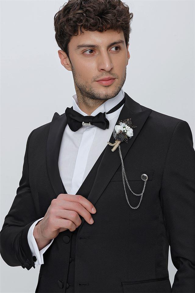 Siyah Armürlü Kırlangıç Yaka Tam Astar Yelekli 6 Drop Slim Fit Dar Kesim Smokin Damatlık 1001225178
