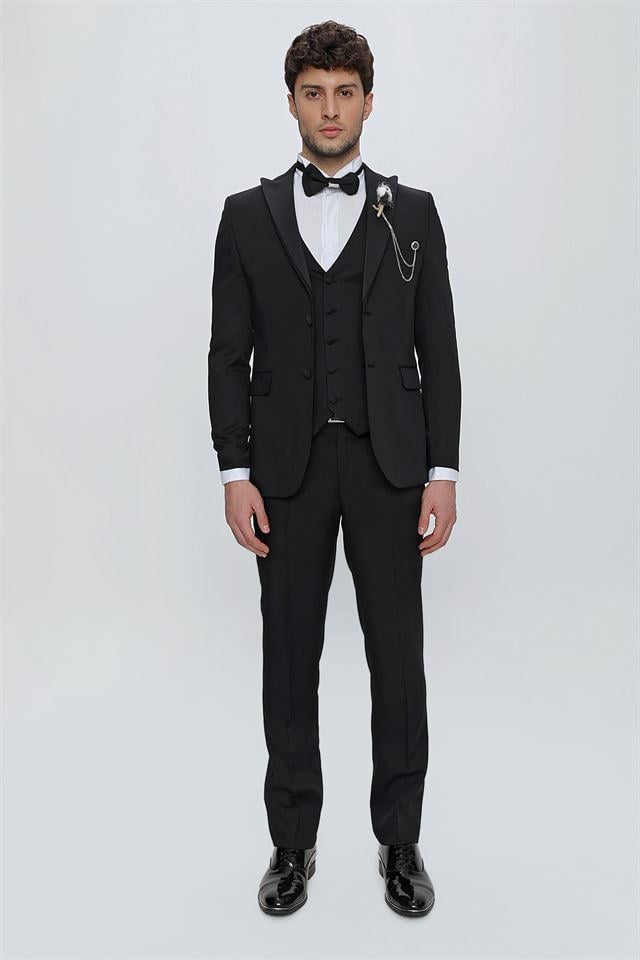 Siyah Armürlü Kırlangıç Yaka Tam Astar Yelekli 6 Drop Slim Fit Dar Kesim Smokin Damatlık 1001225178