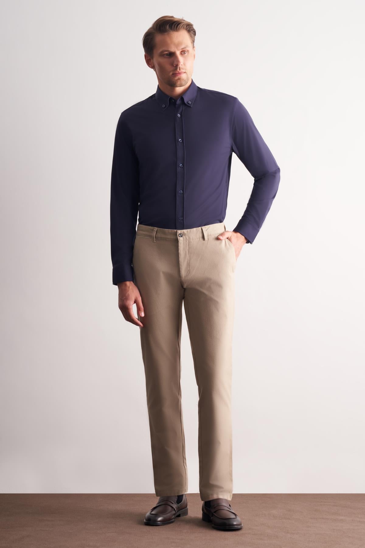 Armürlü Yan Cep Düz Paça Casual Comfort Fit Pamuklu Chino Pantolon 1003255109