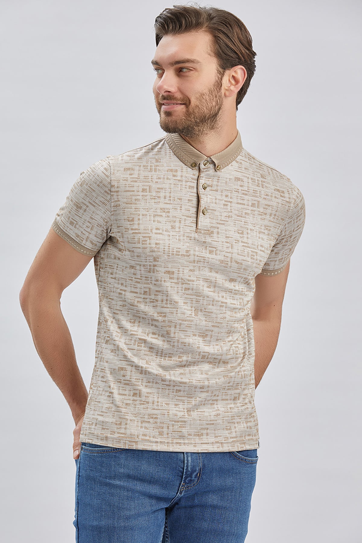 Bej Desenli Merserize Düğmeli Yaka Pamuklu Casual Slim Fit Dar Kesim Tişört 1011240160