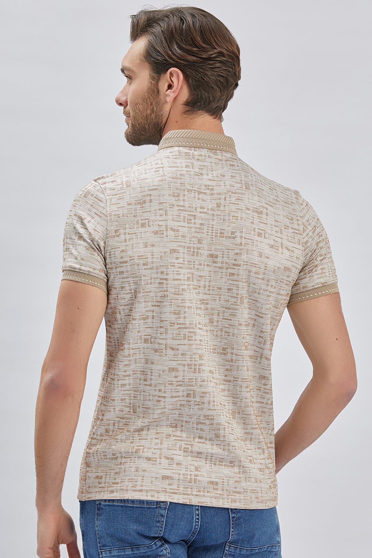 Bej Desenli Merserize Düğmeli Yaka Pamuklu Casual Slim Fit Dar Kesim Tişört 1011240160