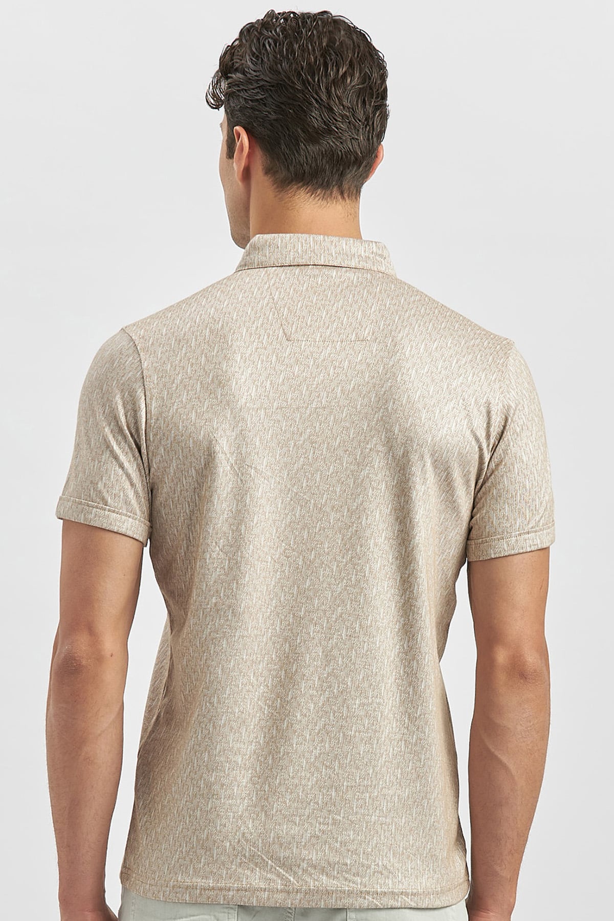 Bej Desenli Merserize Düğmeli Yaka Pamuklu Casual Slim Fit Dar Kesim Tişört 1011240163