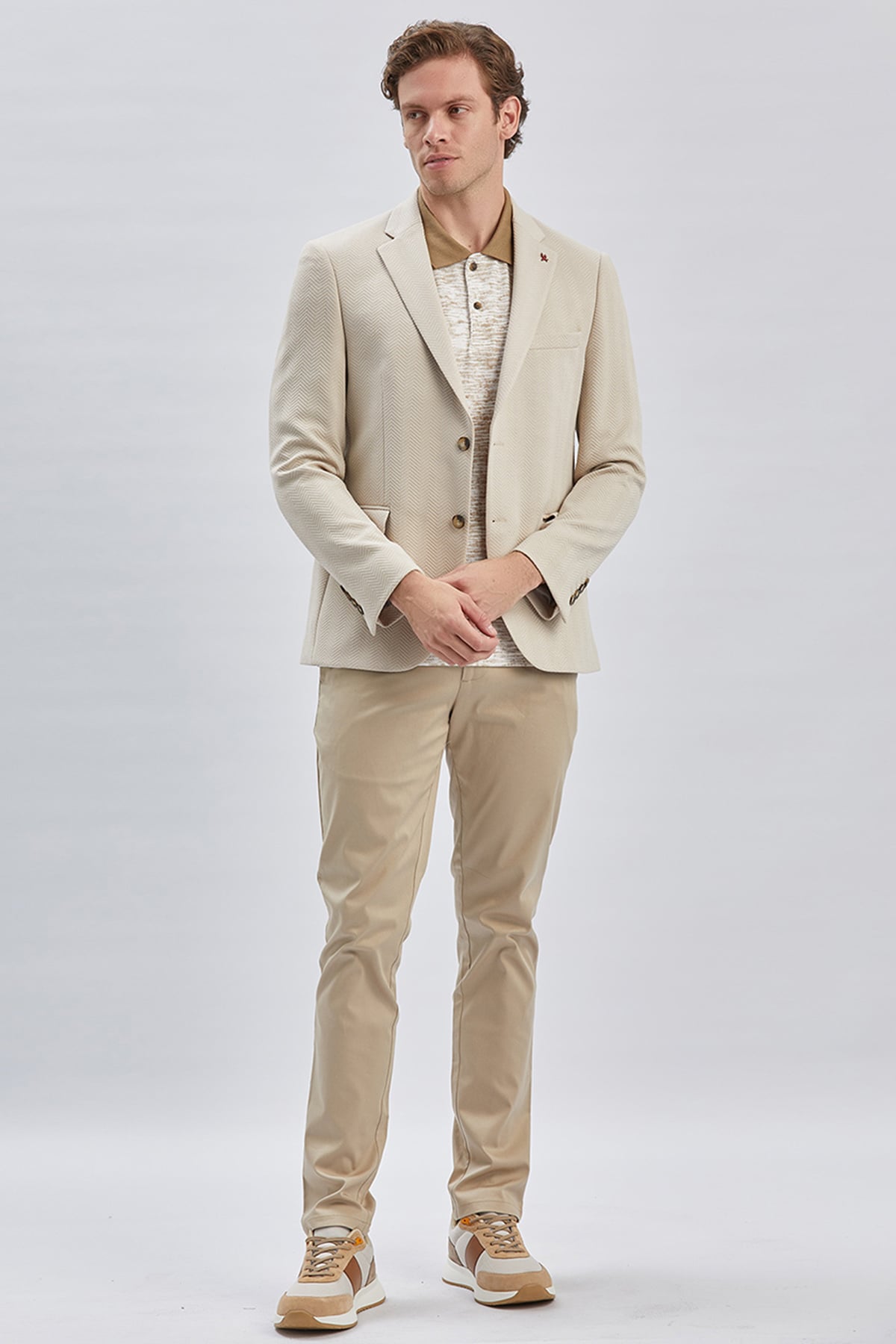 Bej Desenli Örme Mono Yaka Likralı 6 Drop Slim Fit Dar Kesim Casual Ceket 1002240157