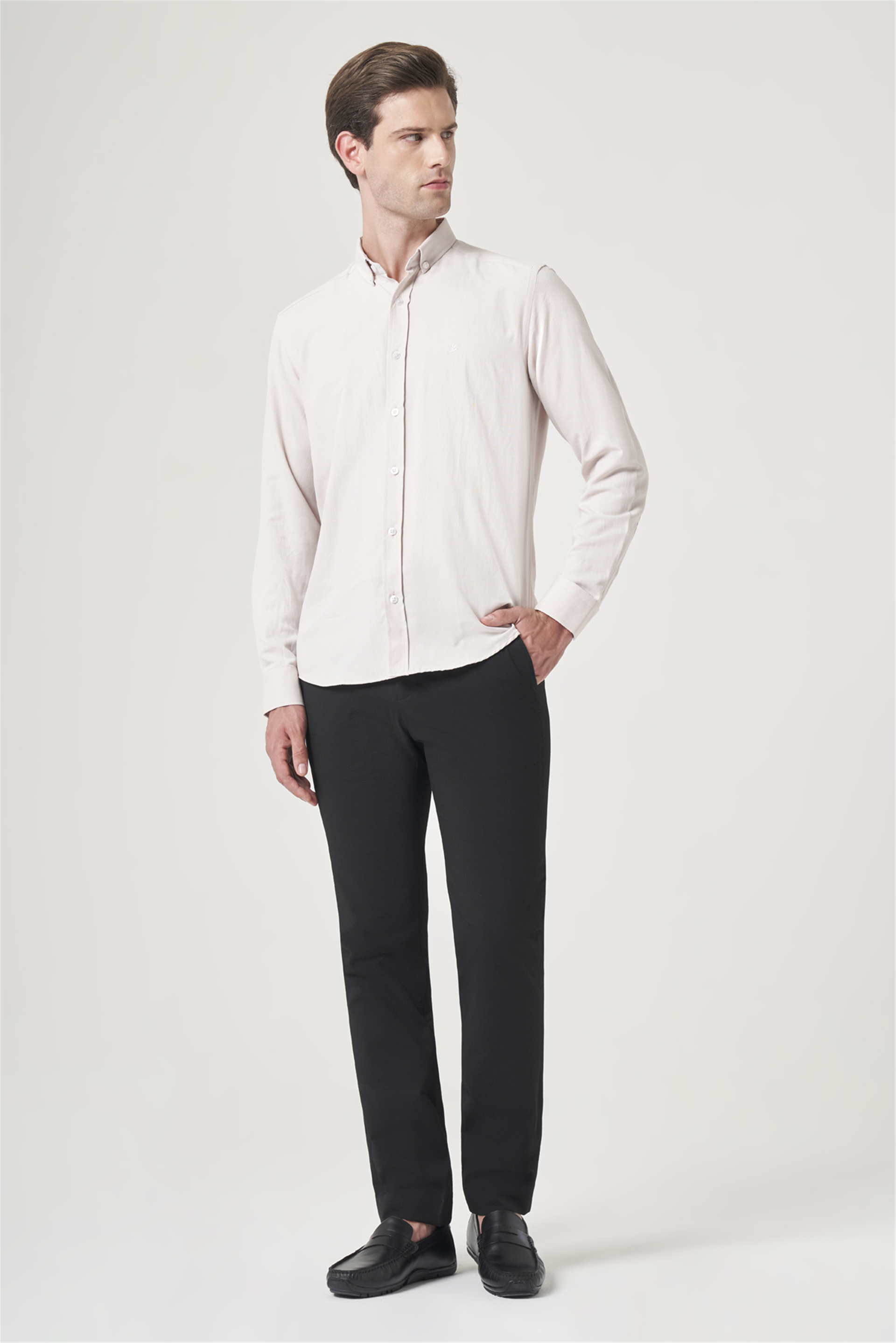 Bej Düğmeli Yaka Oxford Slim Fit Pamuklu Gömlek 1004265284