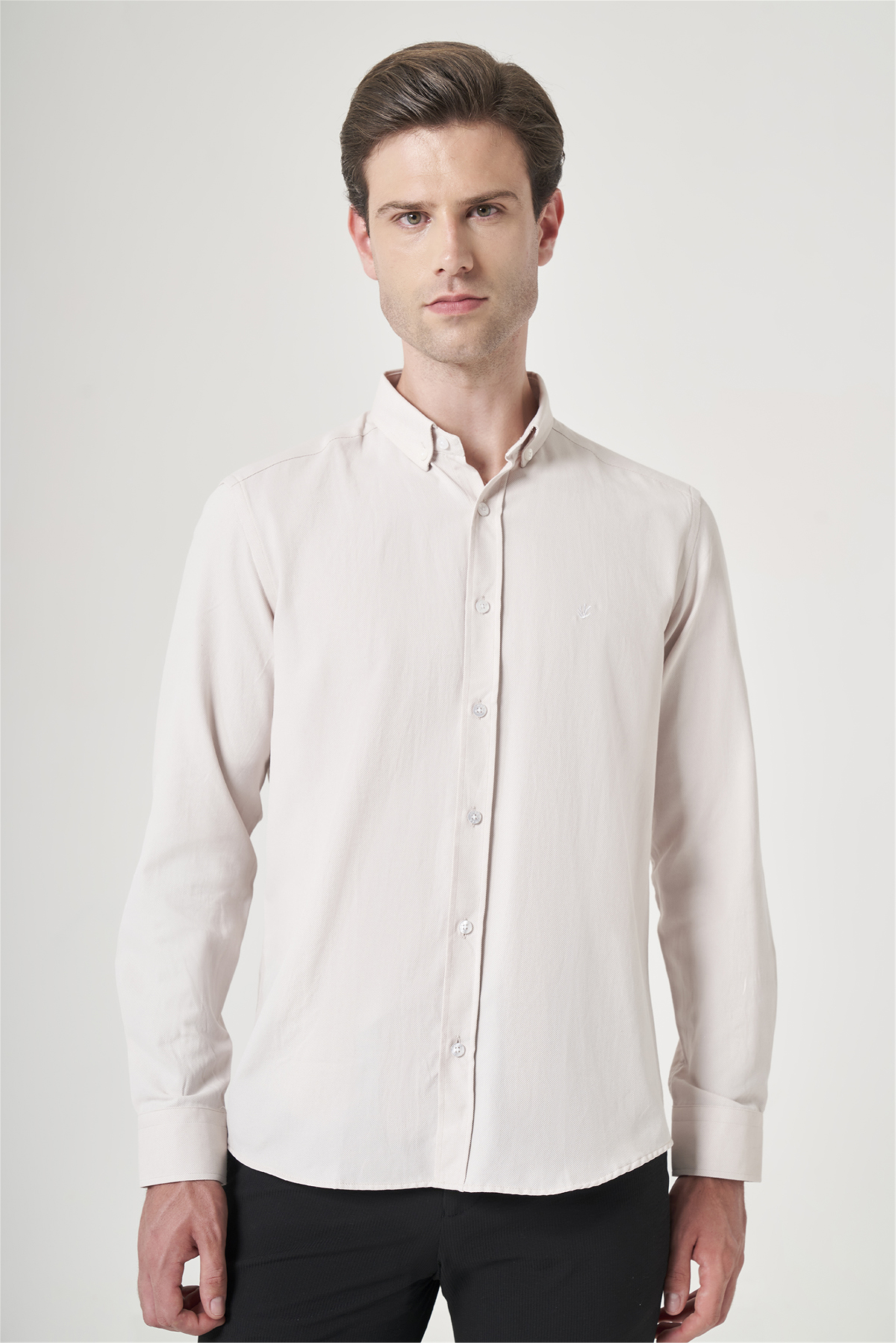 Bej Düğmeli Yaka Oxford Slim Fit Pamuklu Gömlek 1004265284