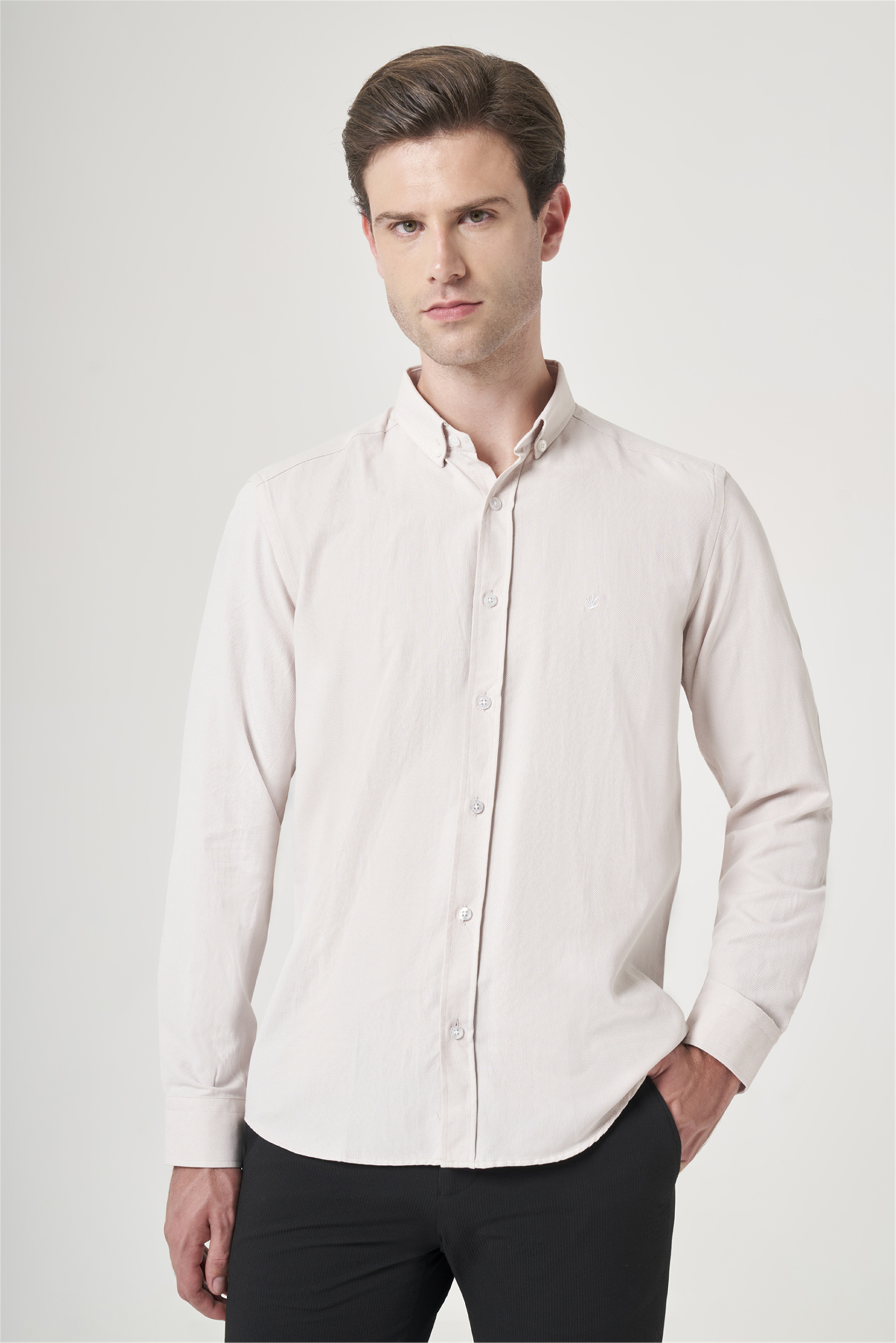 Bej Düğmeli Yaka Oxford Slim Fit Pamuklu Gömlek 1004265284