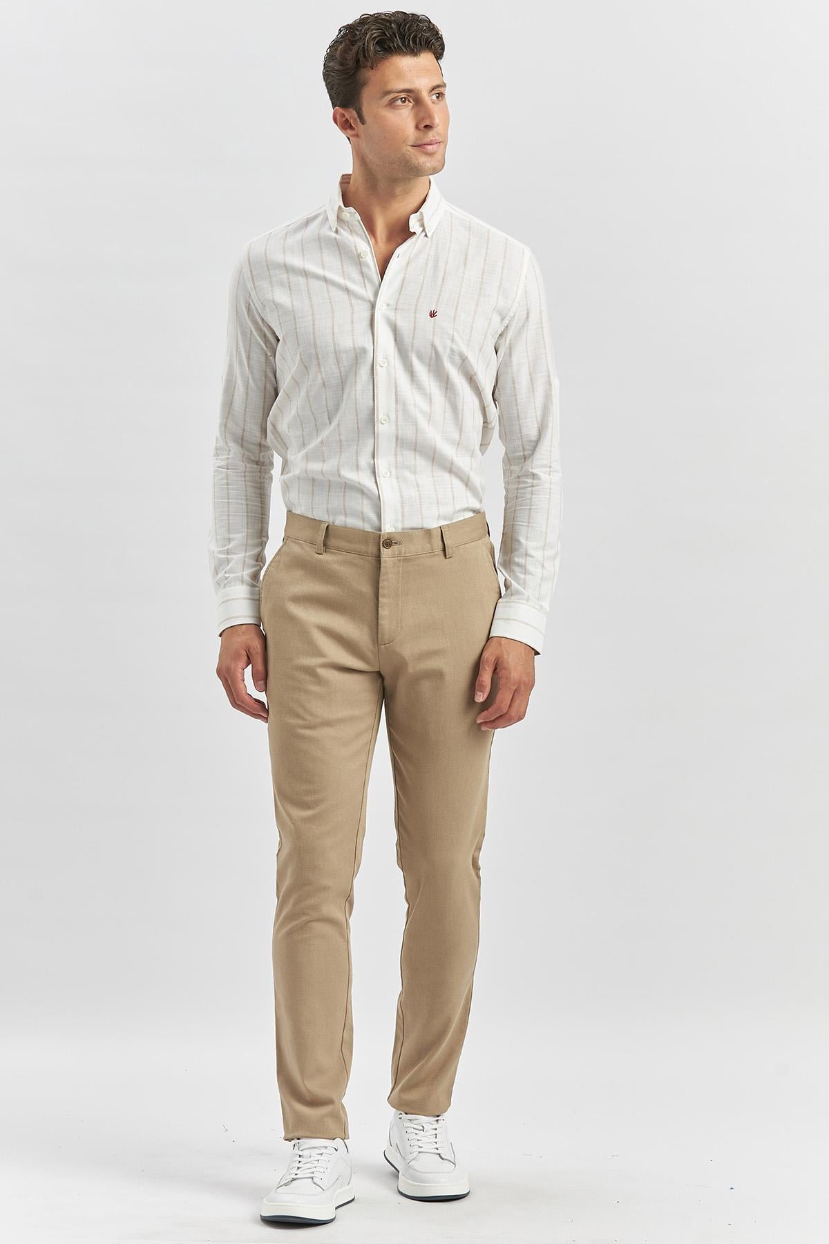Bej Pamuklu Yandan Cepli Casual Slim Fit Chino Pantolon 1003240168