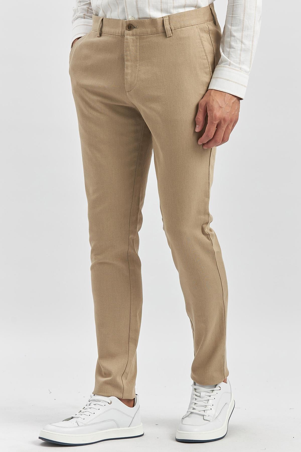 Bej Pamuklu Yandan Cepli Casual Slim Fit Chino Pantolon 1003240168