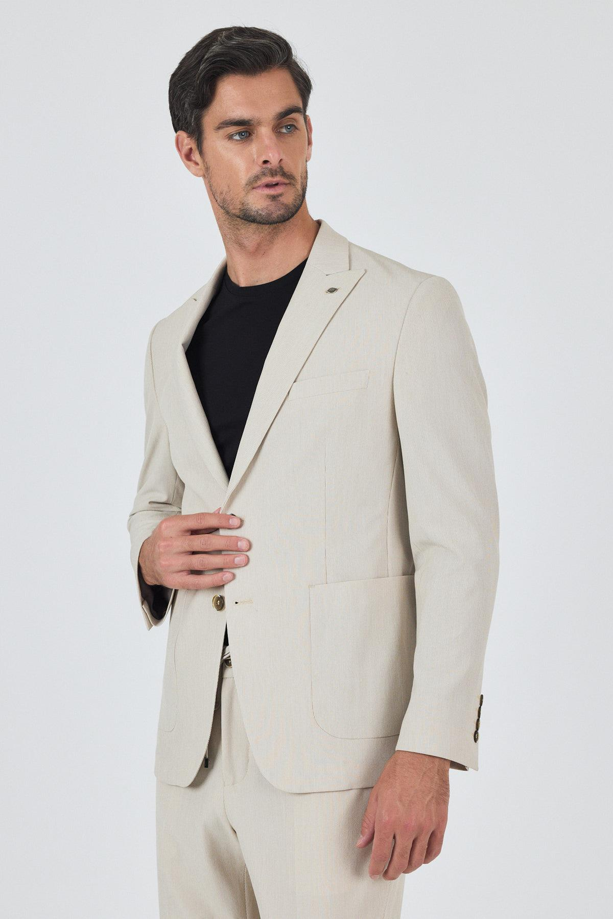 Bej Kırlangıç Yaka Çizgili Beli Lastikli 6 Drop Slim Fit Esnek Takım Elbise 1001250100