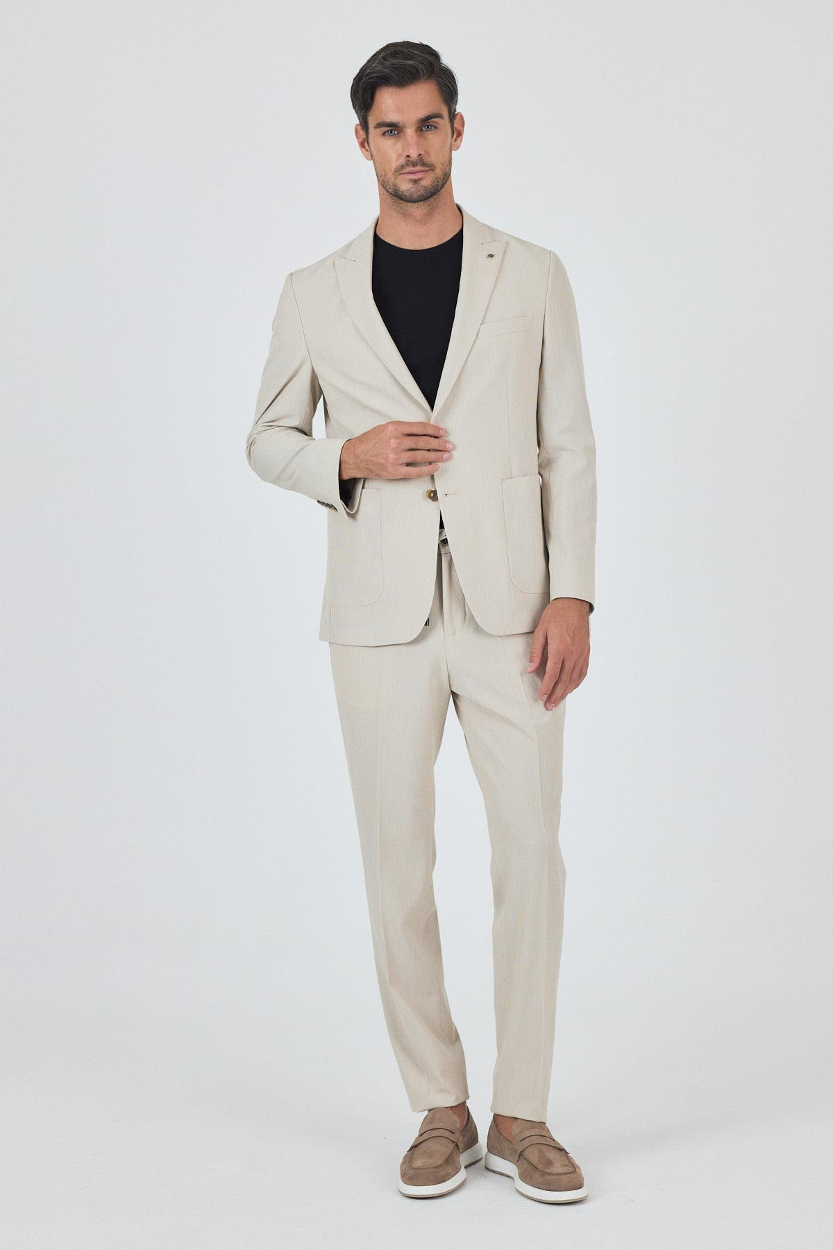 Bej Kırlangıç Yaka Çizgili Beli Lastikli 6 Drop Slim Fit Esnek Takım Elbise 1001250100