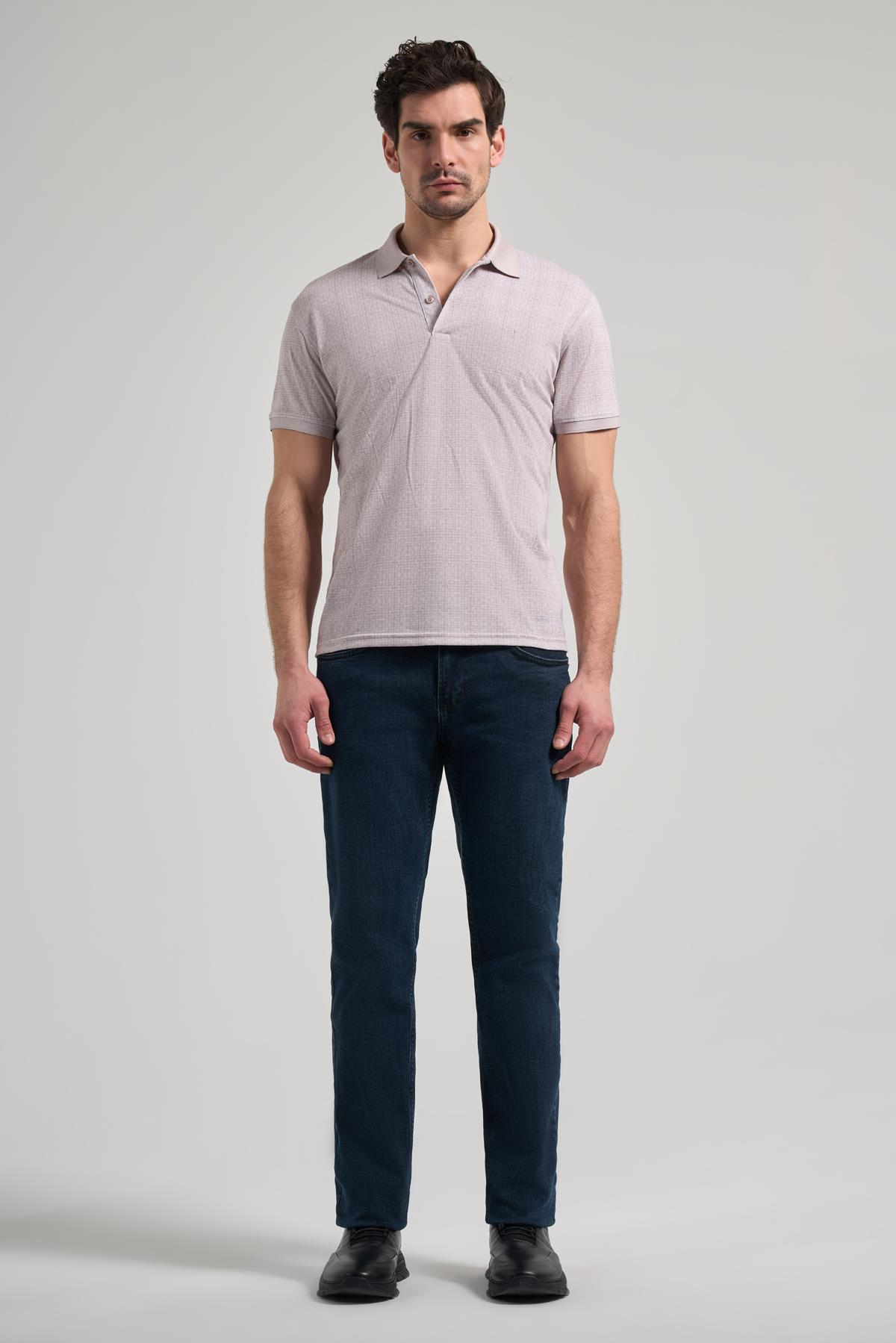 Bej Kısa Kol Baskılı Pike Polo Yaka Cepsiz esnek Casual Slim Fit Tişört 1011250150