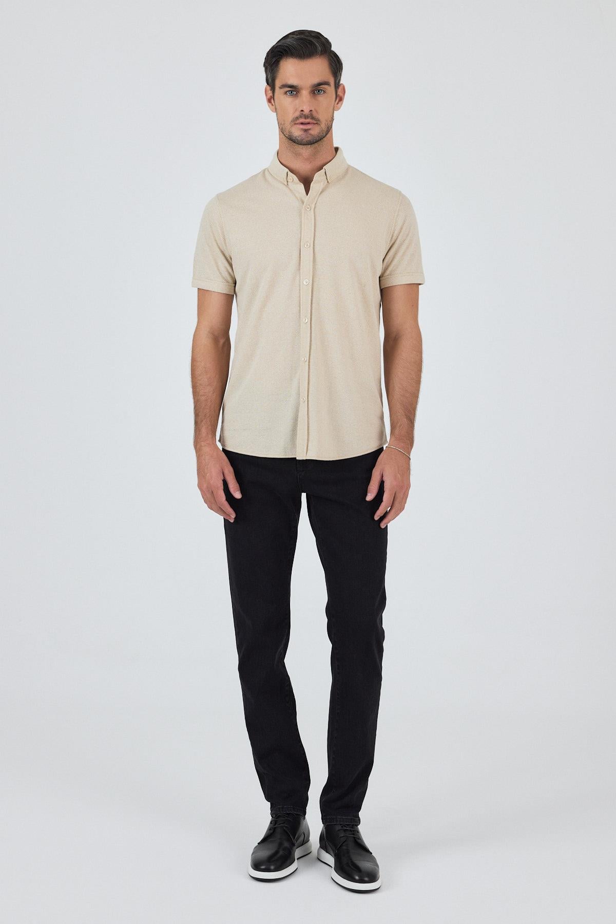 Bej Kısa Kol Düz Örme Düğmeli Yaka Cepsiz Pamuklu Classic Slim Fit Gömlek 1004250155