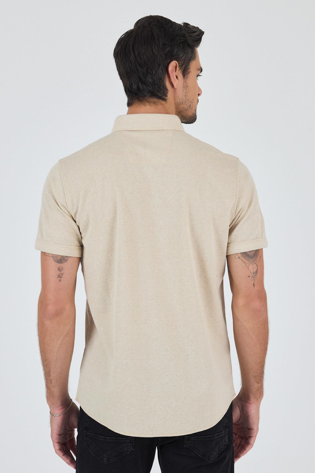Bej Kısa Kol Düz Örme Düğmeli Yaka Cepsiz Pamuklu Classic Slim Fit Gömlek 1004250155