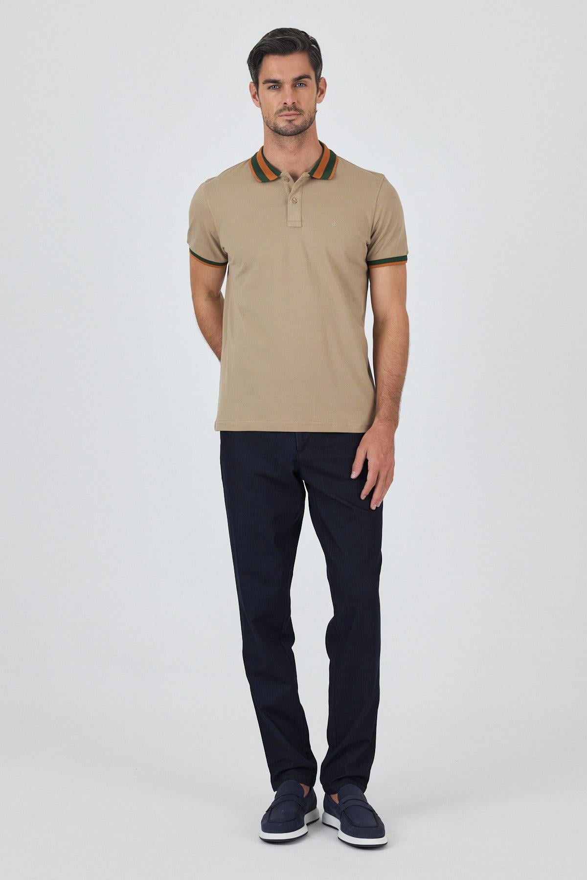 Bej Kısa Kol Düz Pike Polo Yaka Cepsiz Pamuk Casual Slim Fit Tişört 1011250103