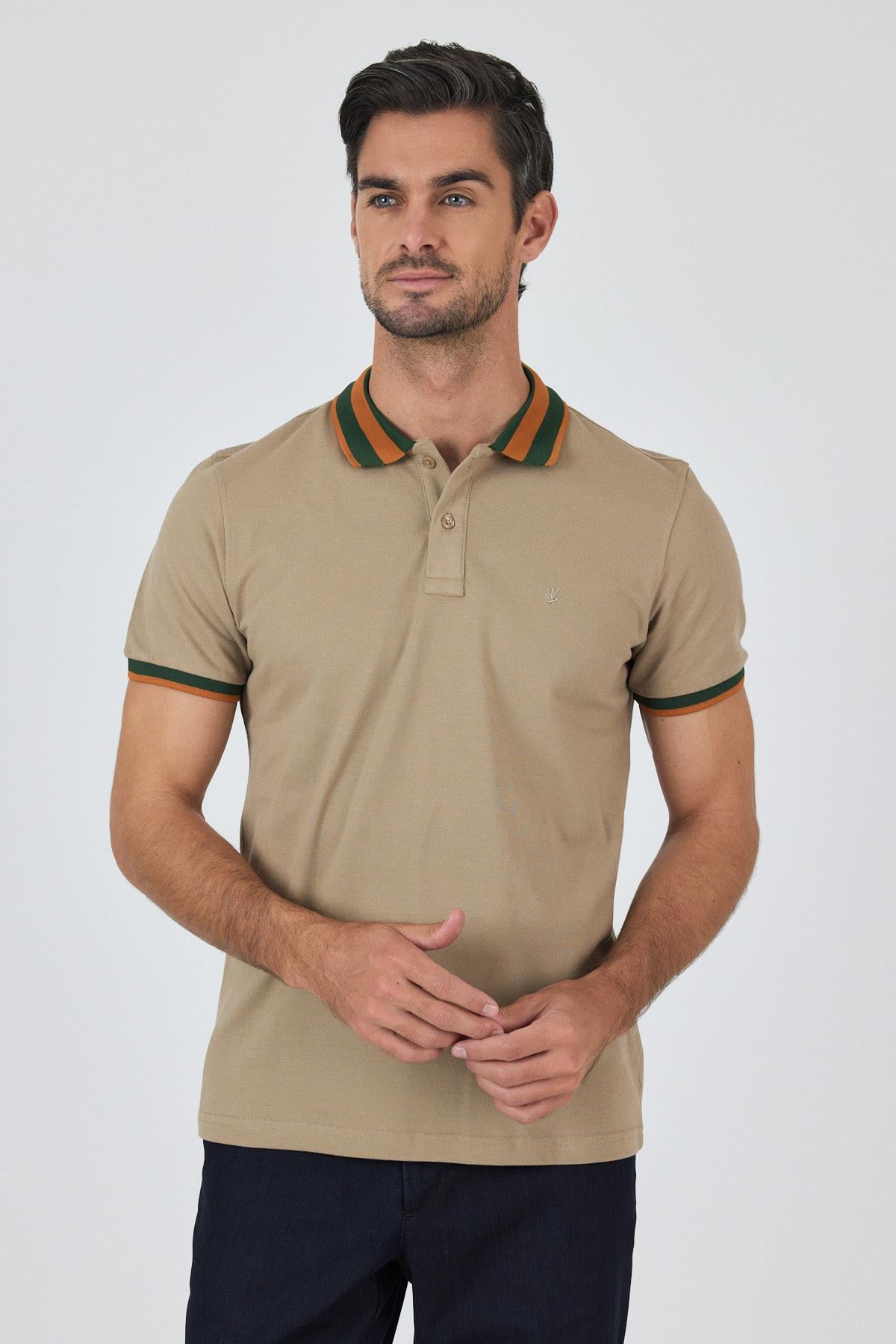 Bej Kısa Kol Düz Pike Polo Yaka Cepsiz Pamuk Casual Slim Fit Tişört 1011250103