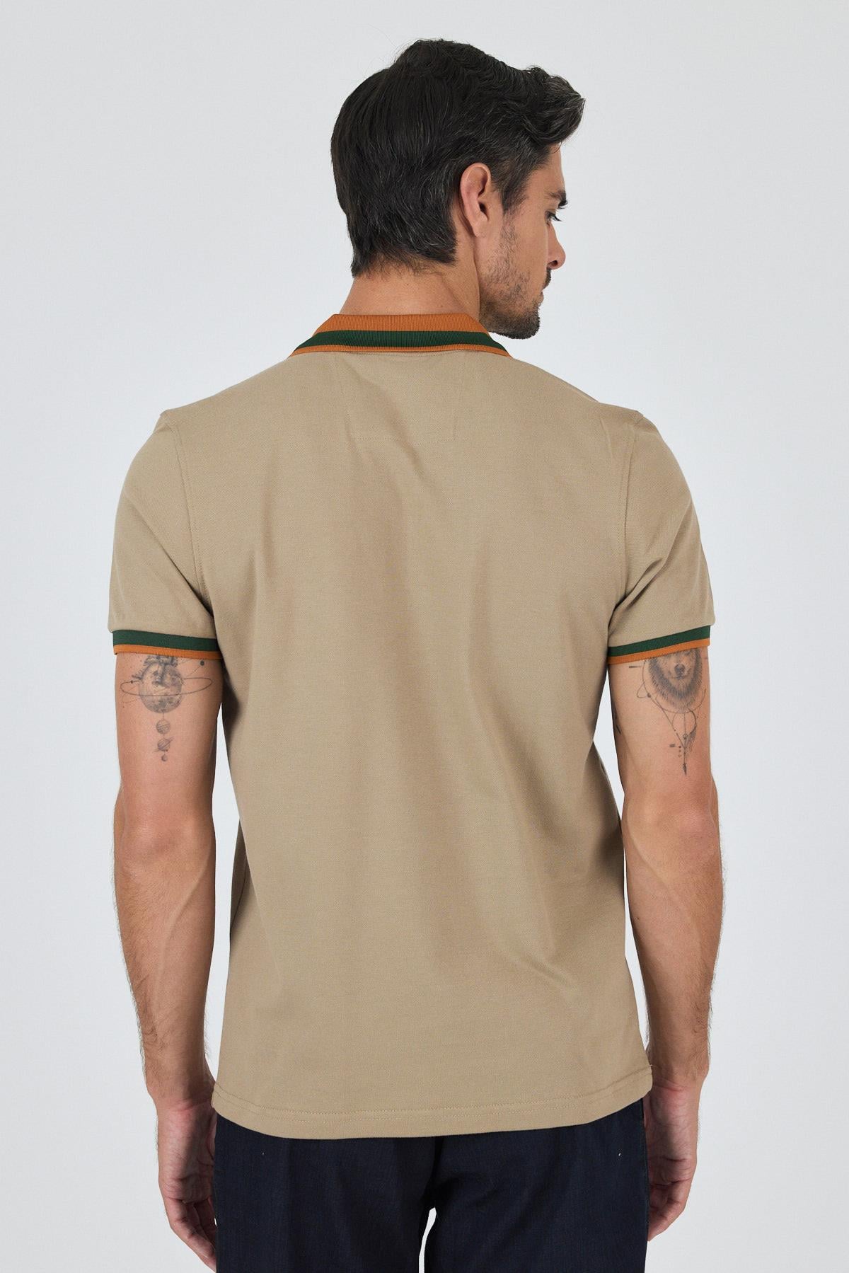 Bej Kısa Kol Düz Pike Polo Yaka Cepsiz Pamuk Casual Slim Fit Tişört 1011250103