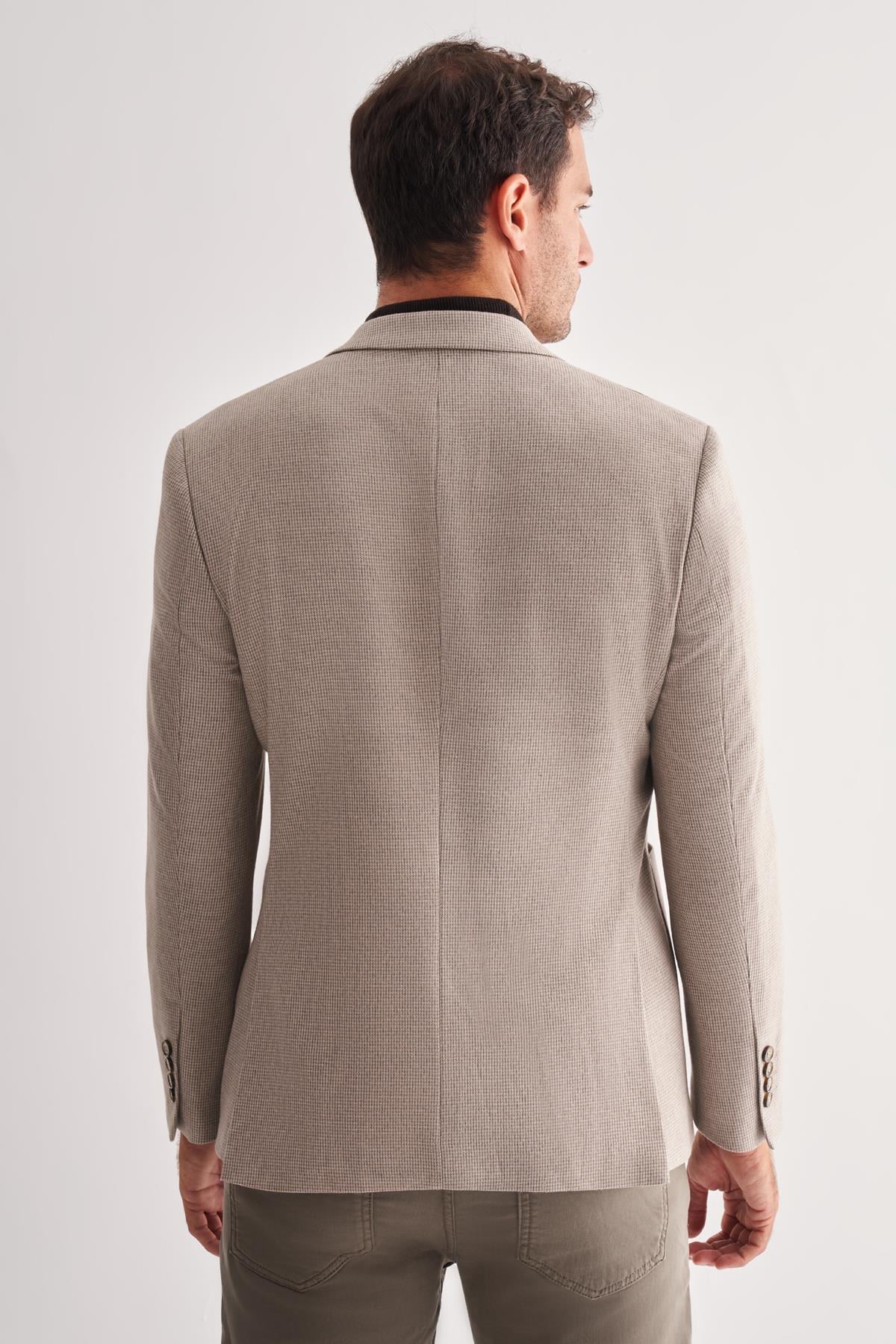 Mono Yaka Desenli Örme Astarlı Çift Yırtmaç Esnek 6 Drop Slim Fit Classic Ceket 1002255112