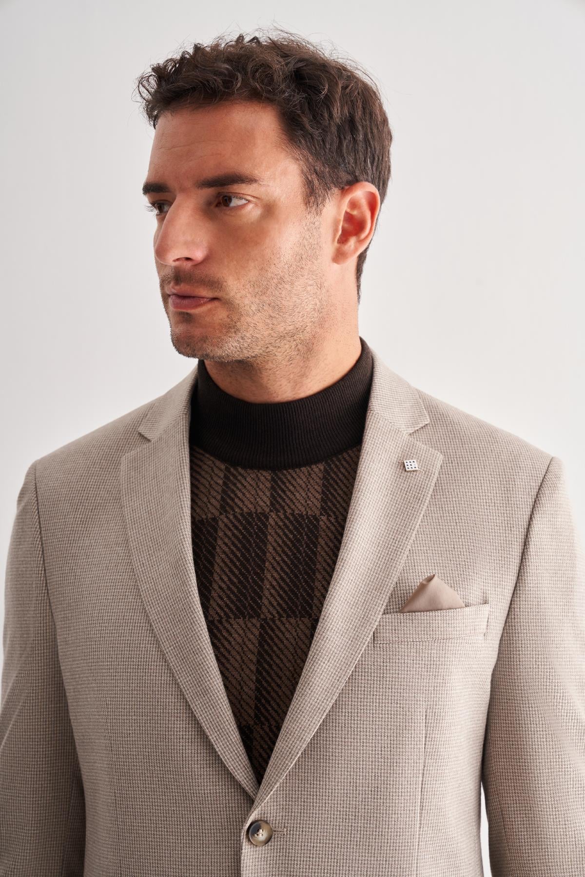 Mono Yaka Desenli Örme Astarlı Çift Yırtmaç Esnek 6 Drop Slim Fit Classic Ceket 1002255112