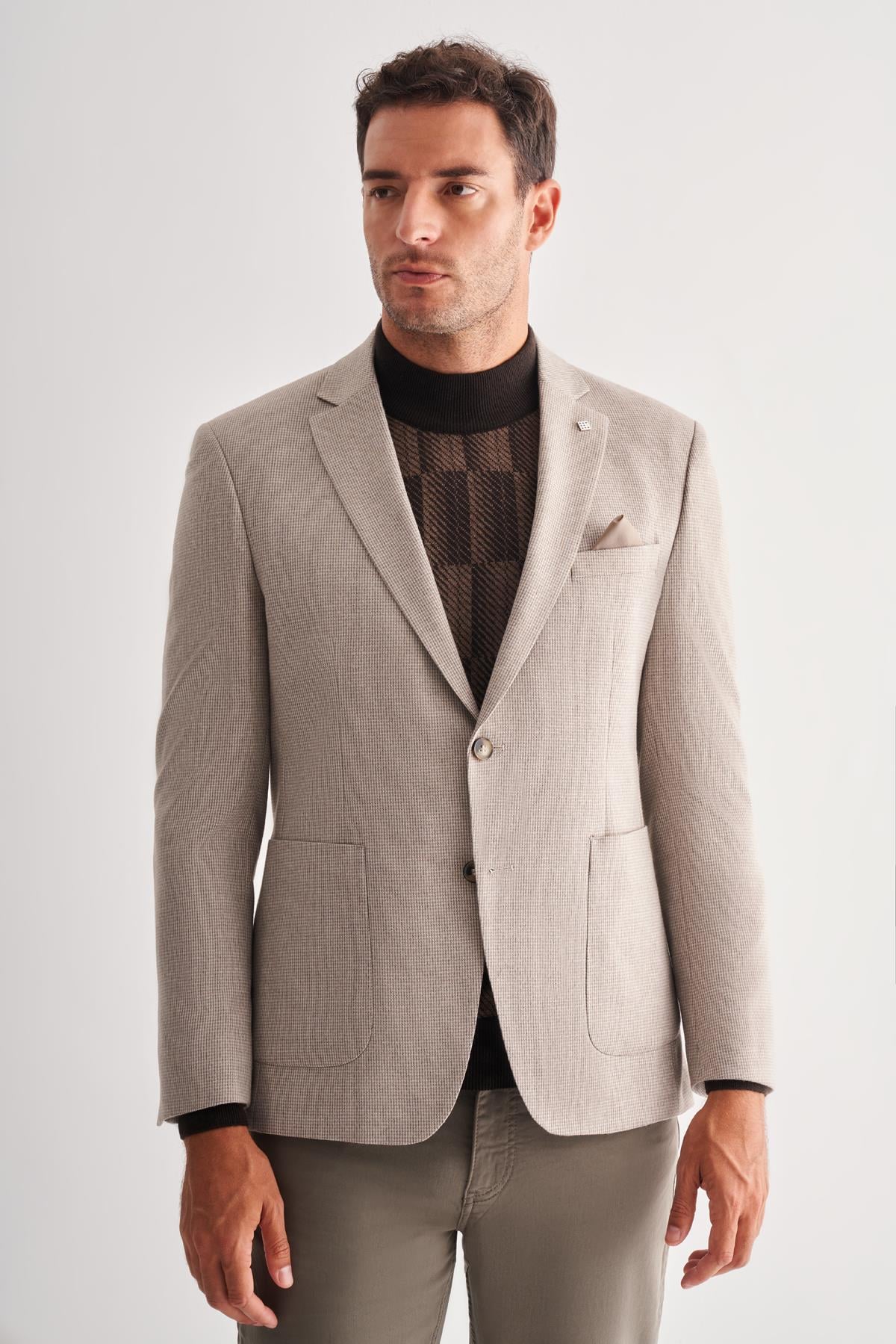 Mono Yaka Desenli Örme Astarlı Çift Yırtmaç Esnek 6 Drop Slim Fit Classic Ceket 1002255112