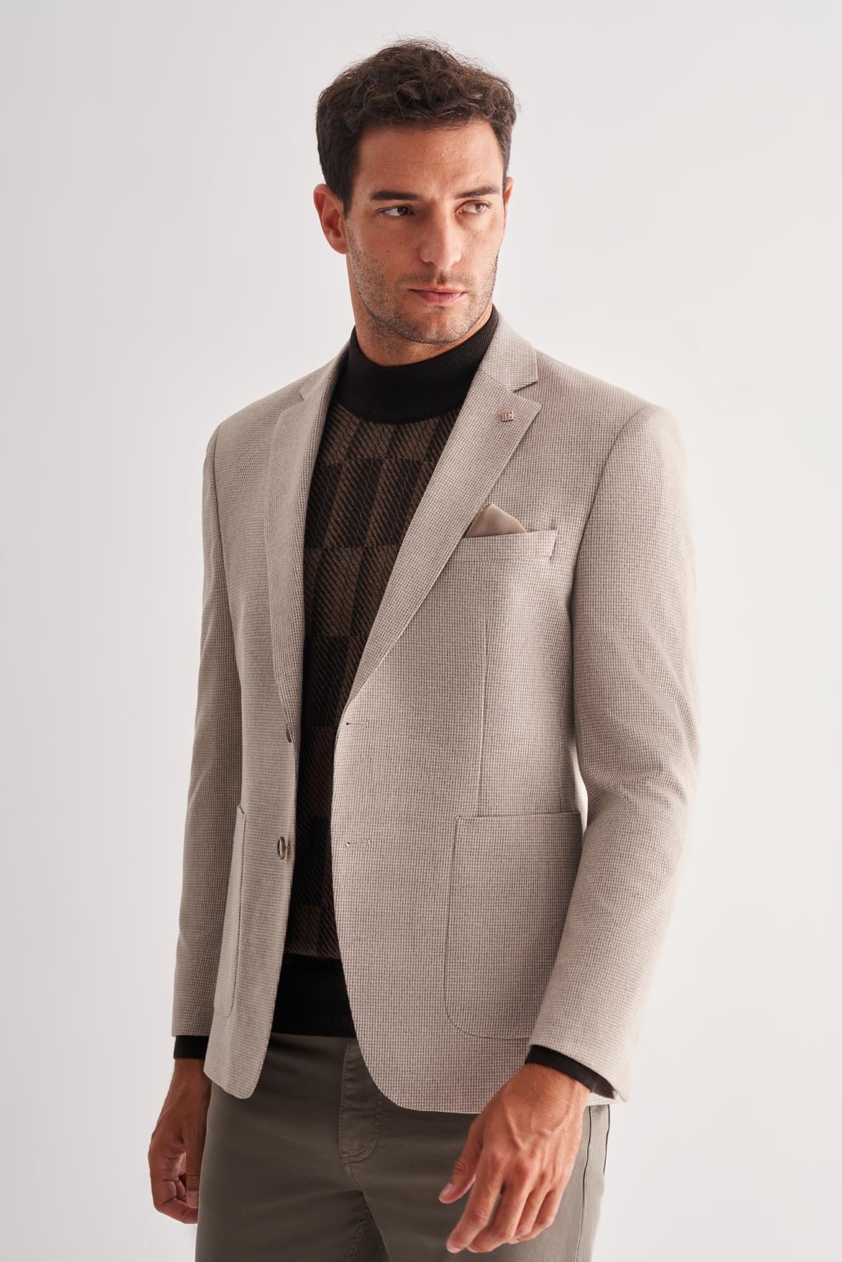 Mono Yaka Desenli Örme Astarlı Çift Yırtmaç Esnek 6 Drop Slim Fit Classic Ceket 1002255112