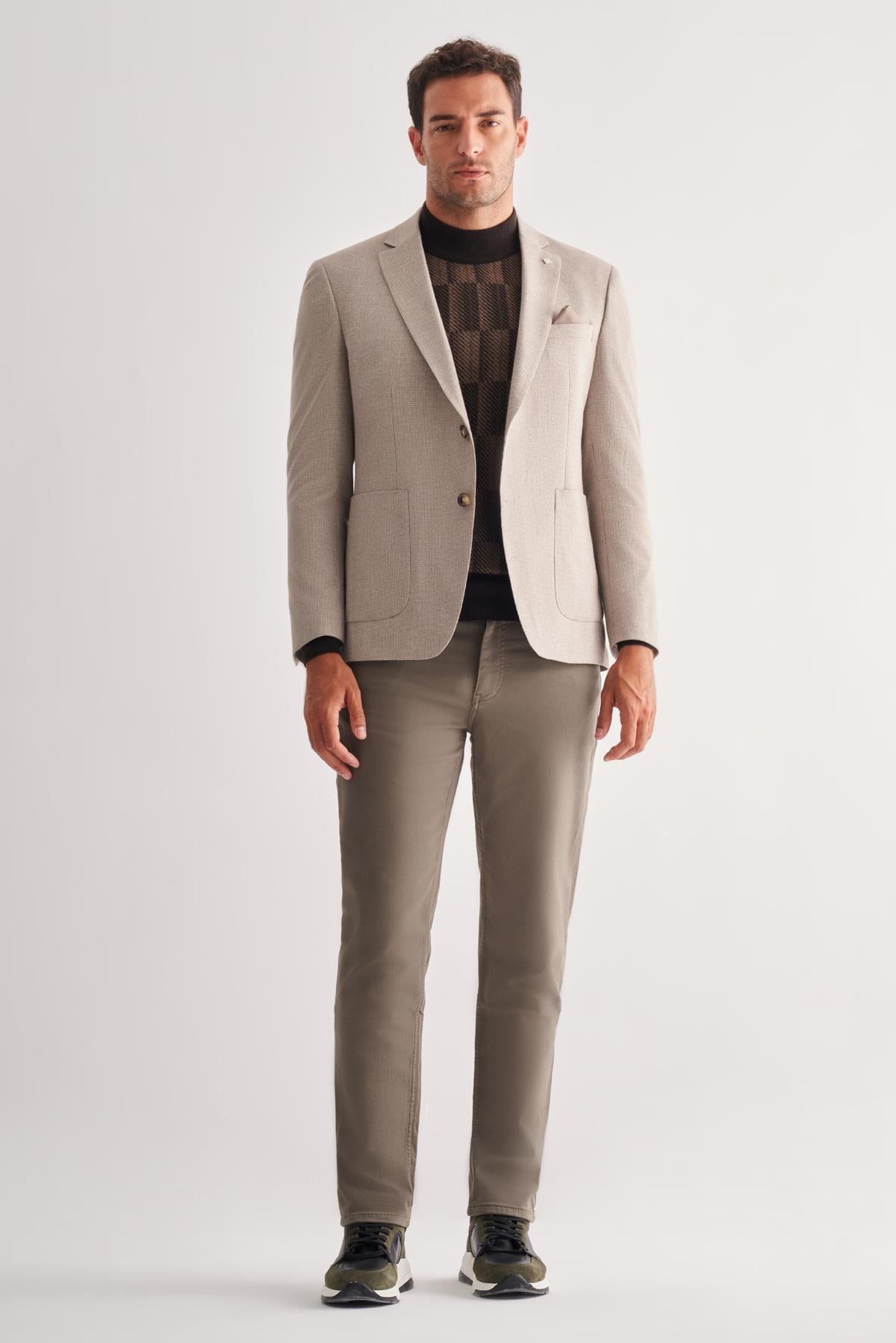 Mono Yaka Desenli Örme Astarlı Çift Yırtmaç Esnek 6 Drop Slim Fit Classic Ceket 1002255112