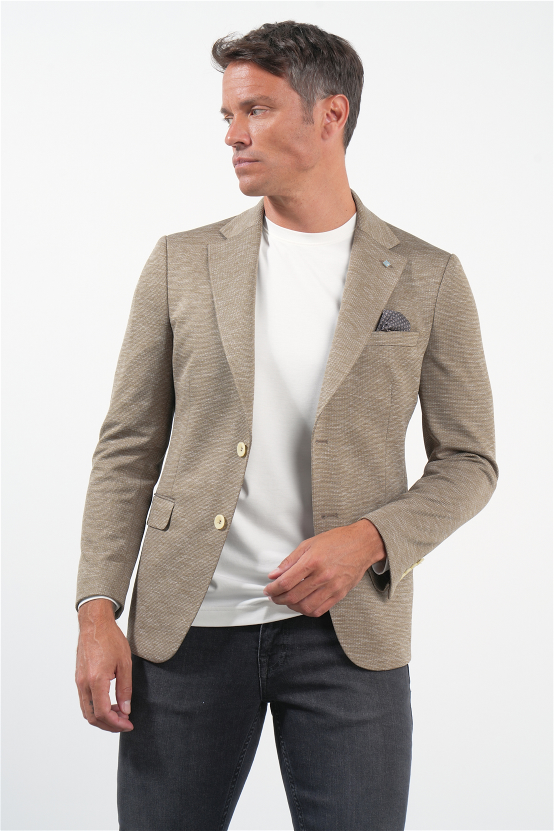Bej Mono Yaka Örme 6 Drop Slim Fit Ceket 1002260152