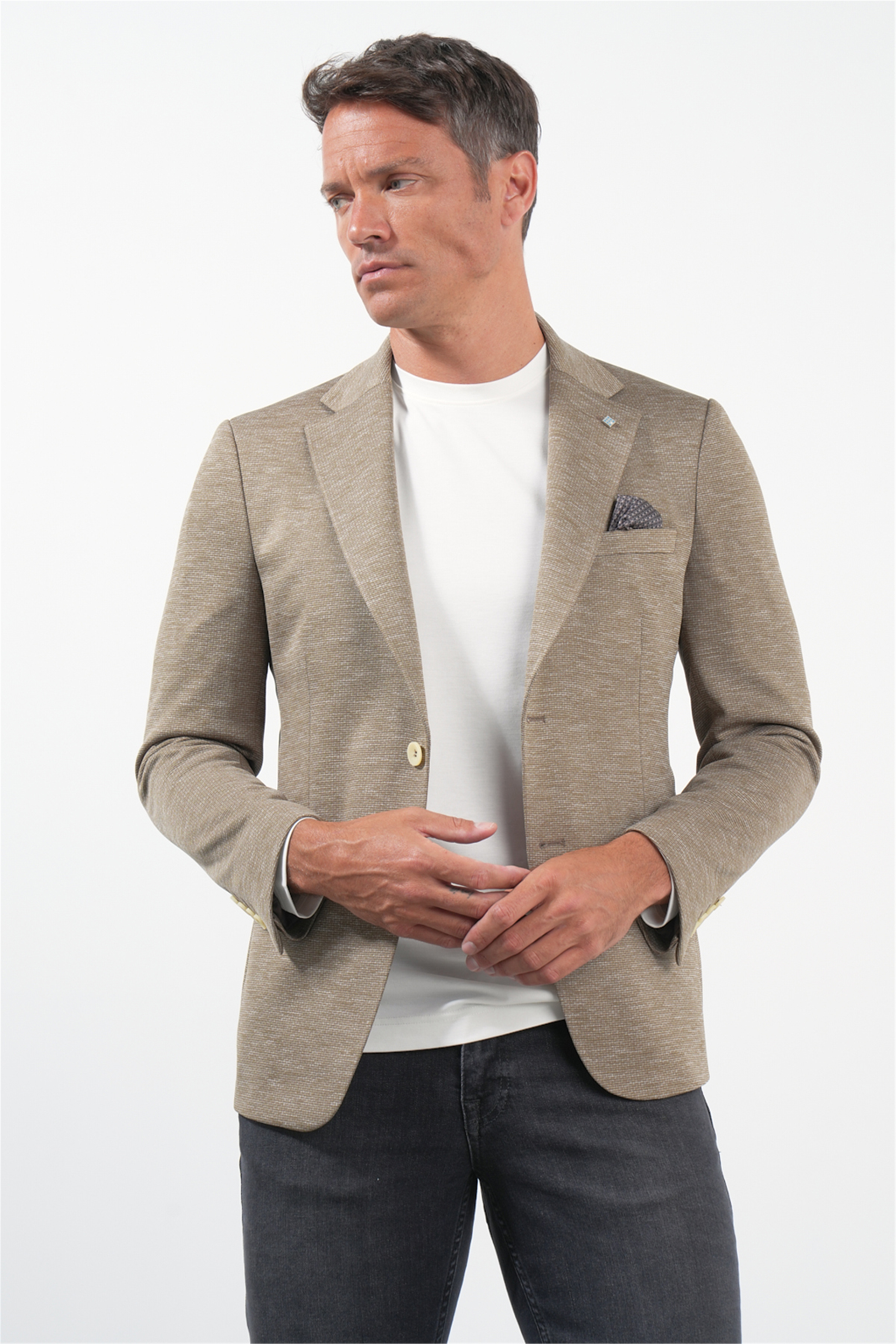 Bej Mono Yaka Örme 6 Drop Slim Fit Ceket 1002260152