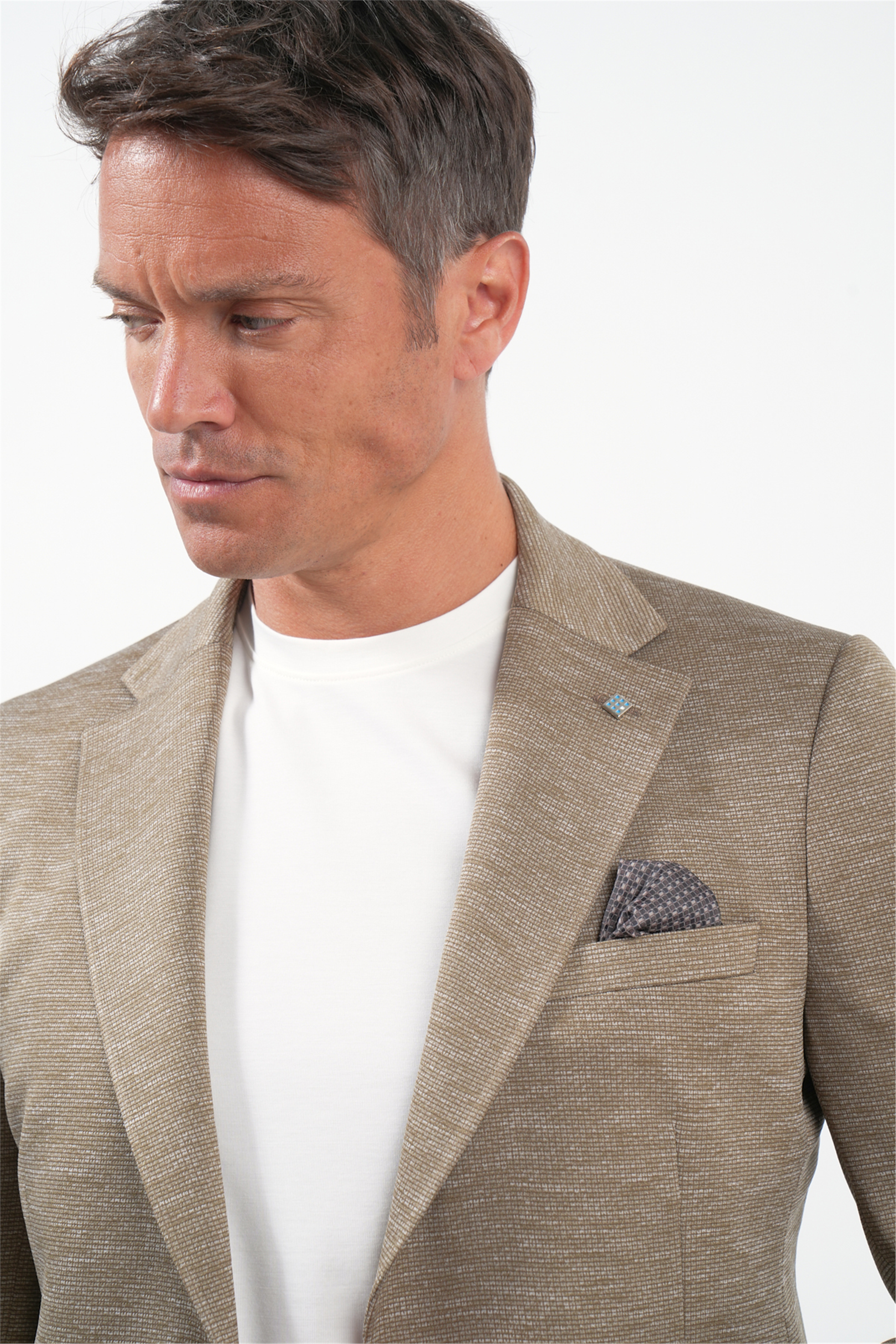 Bej Mono Yaka Örme 6 Drop Slim Fit Ceket 1002260152