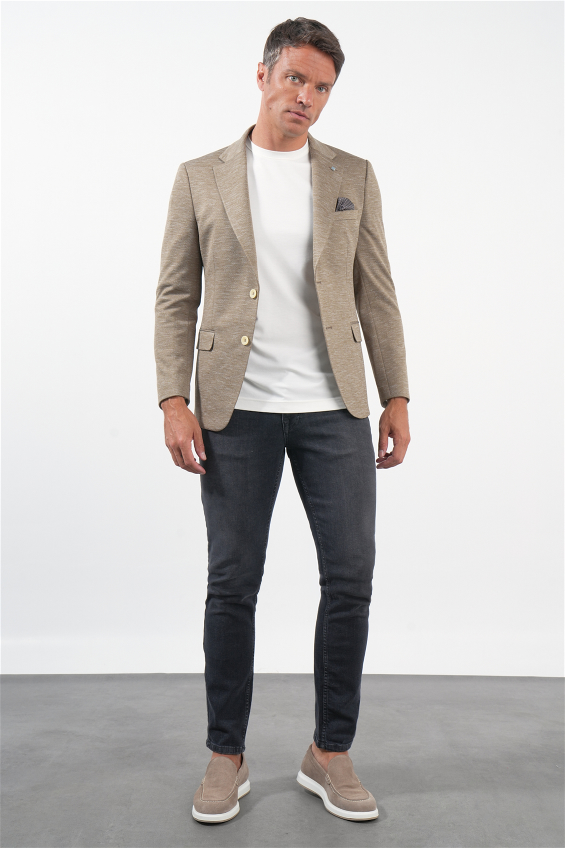 Bej Mono Yaka Örme 6 Drop Slim Fit Ceket 1002260152