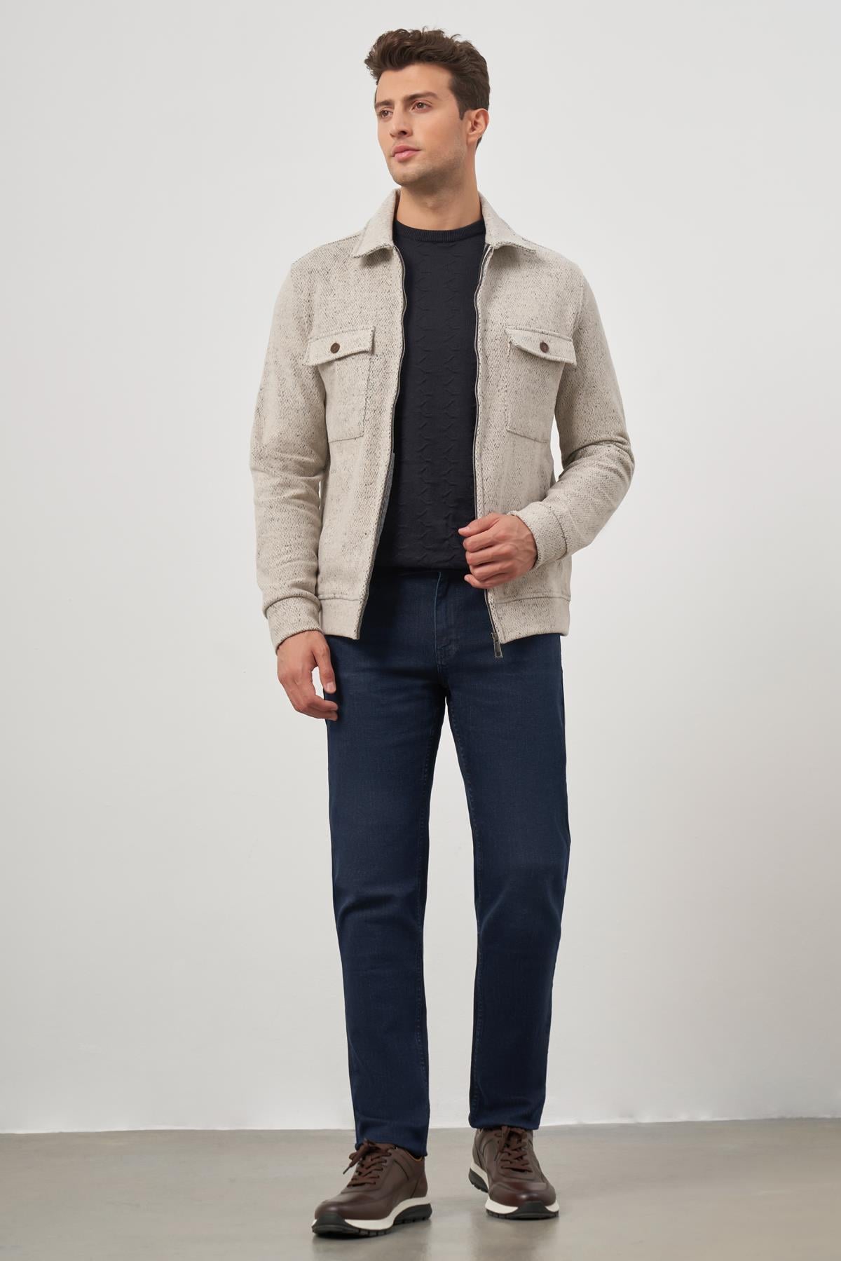Bej Örme Bebe Yaka Kendinden Desenli Yırtmaçsız Astarsız Slim Fit Classic Mont 1007245156