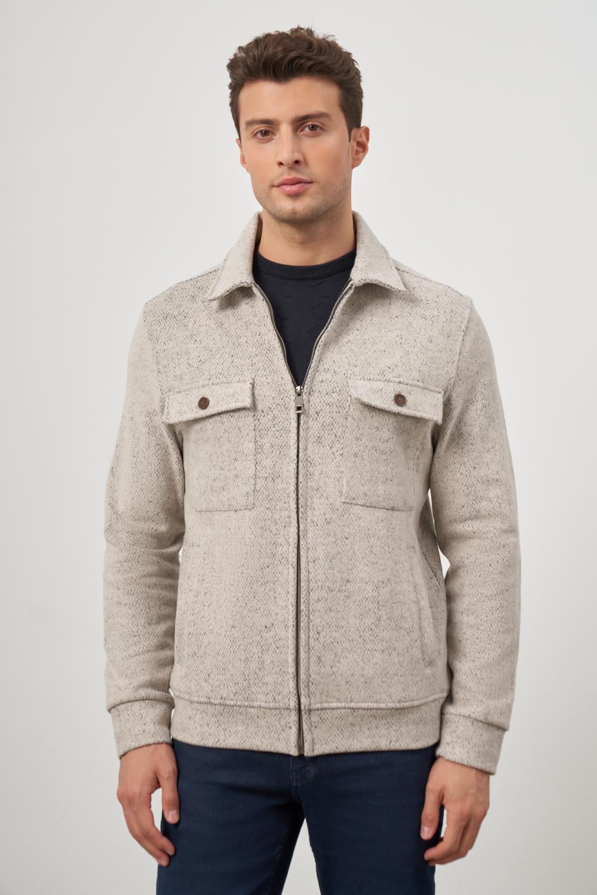 Bej Örme Bebe Yaka Kendinden Desenli Yırtmaçsız Astarsız Slim Fit Classic Mont 1007245156