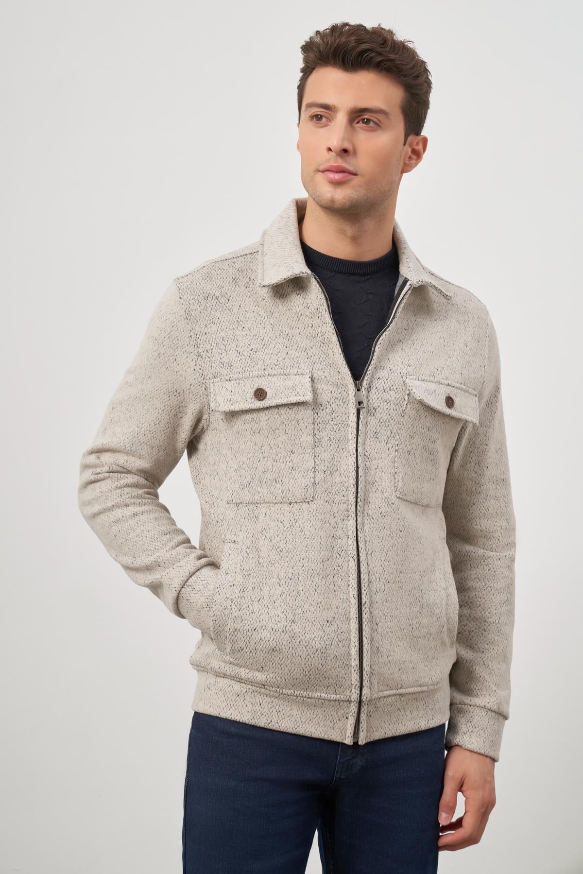 Bej Örme Bebe Yaka Kendinden Desenli Yırtmaçsız Astarsız Slim Fit Classic Mont 1007245156