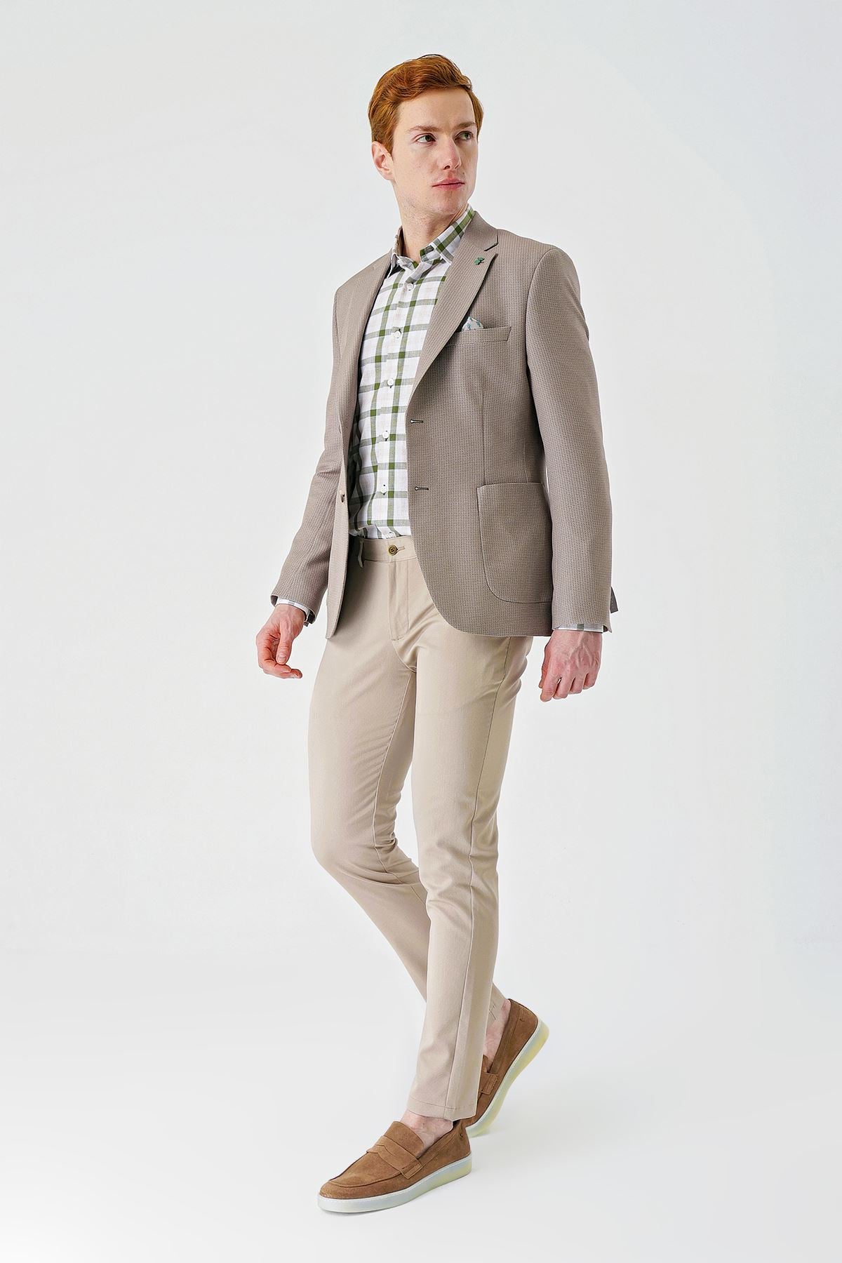 Bej Örme Mono Yaka Çift Yırtmaç Likralı 6 Drop Slim Fit Dar Kesim Klasik Ceket 1002240138