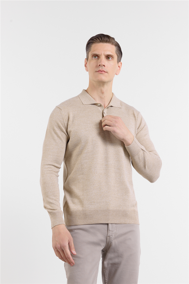 Bej Polo Yaka Cepsiz Comfort Fit Classic  Triko Kazak 1012255155