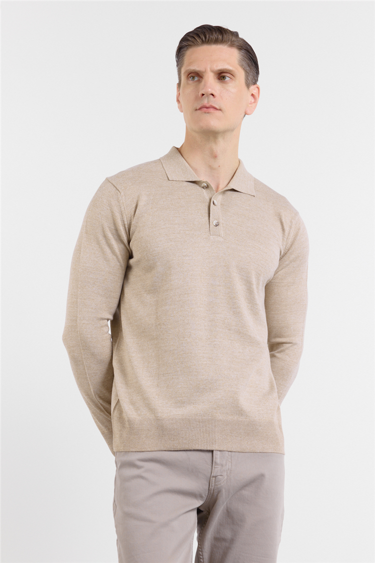 Bej Polo Yaka Cepsiz Comfort Fit Classic  Triko Kazak 1012255155