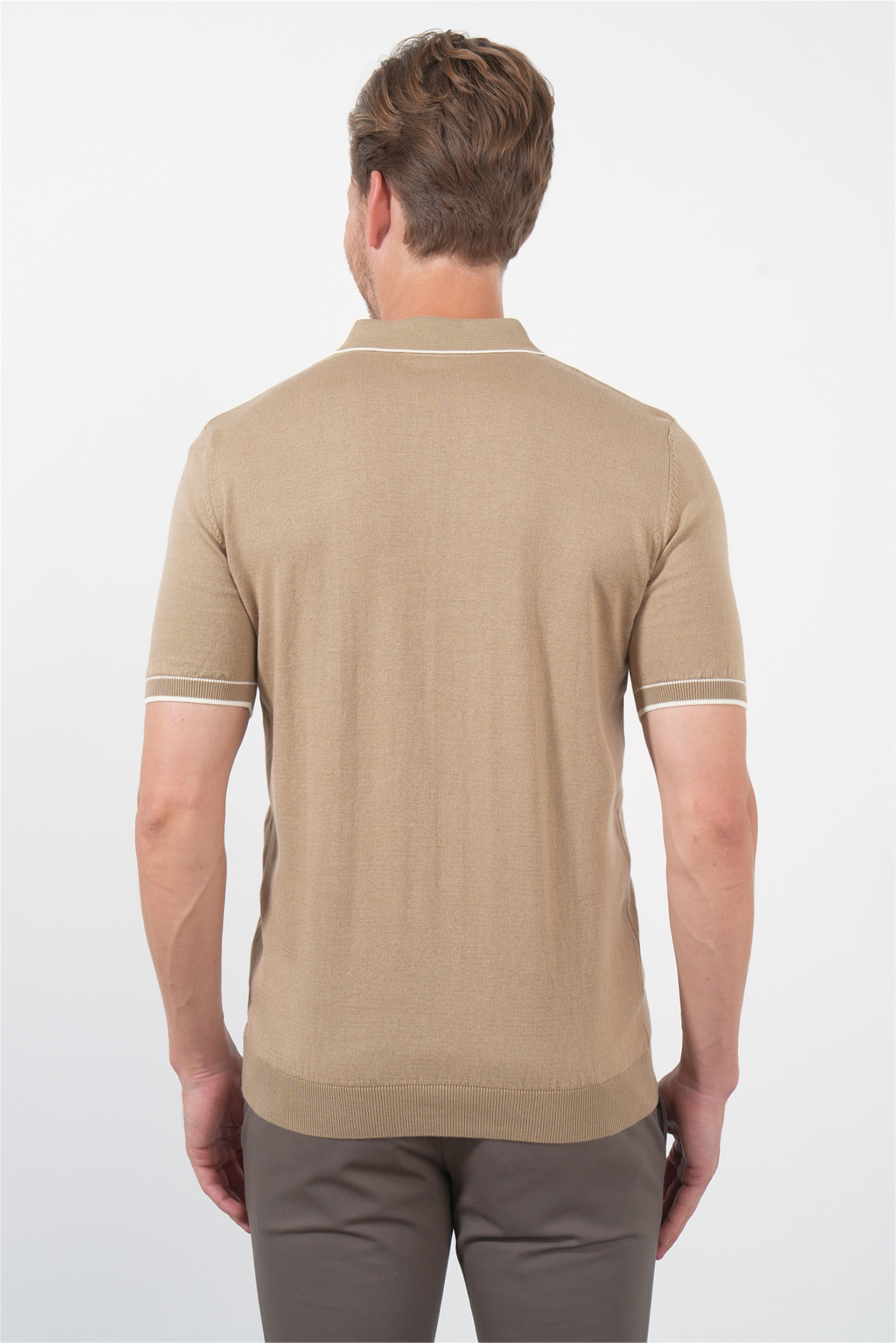 Bej Polo Yaka Kısa Kol Örme Comfort Fit %100 Pamuk Kazak 1012260151