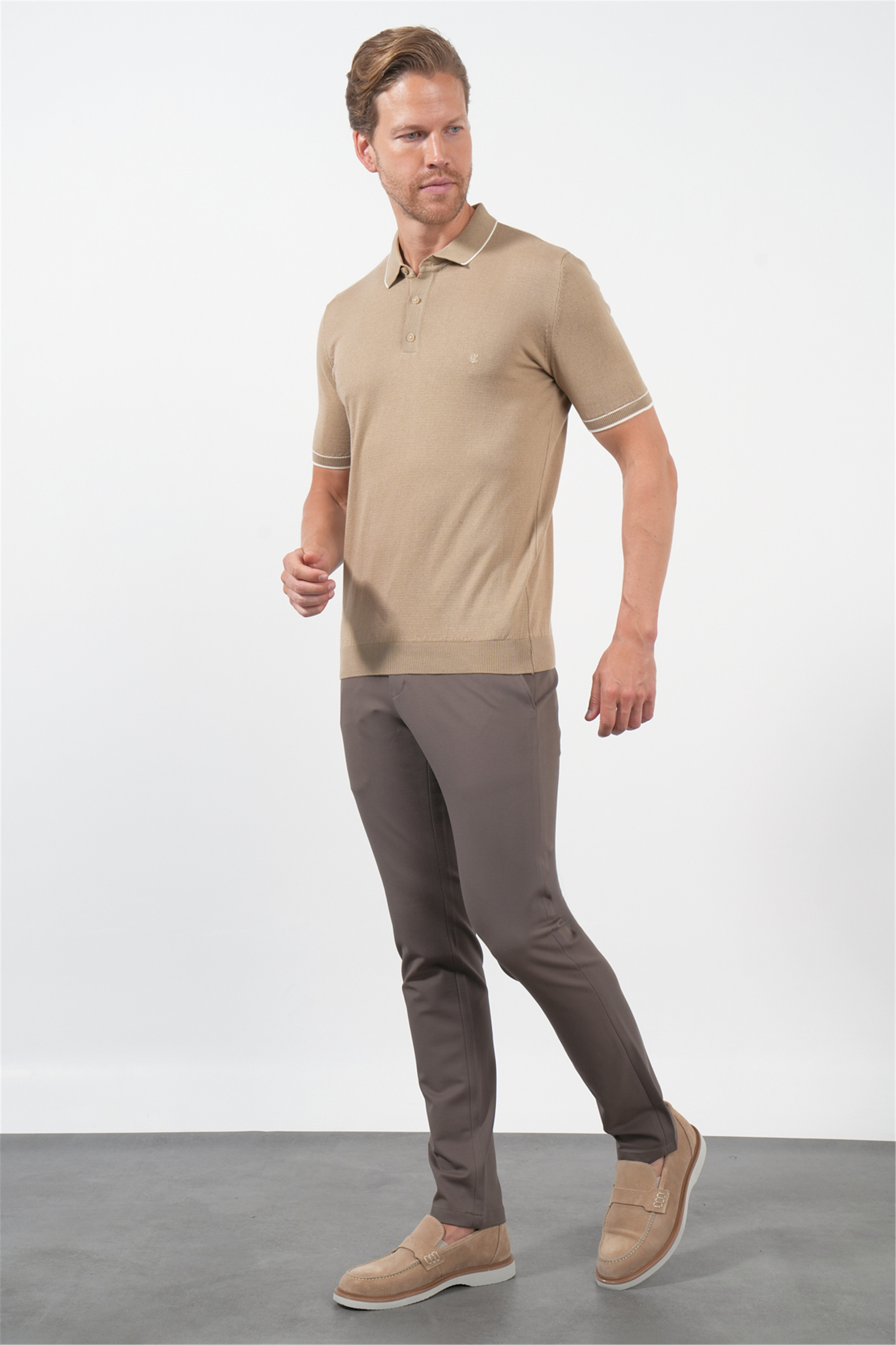 Bej Polo Yaka Kısa Kol Örme Comfort Fit %100 Pamuk Kazak 1012260151
