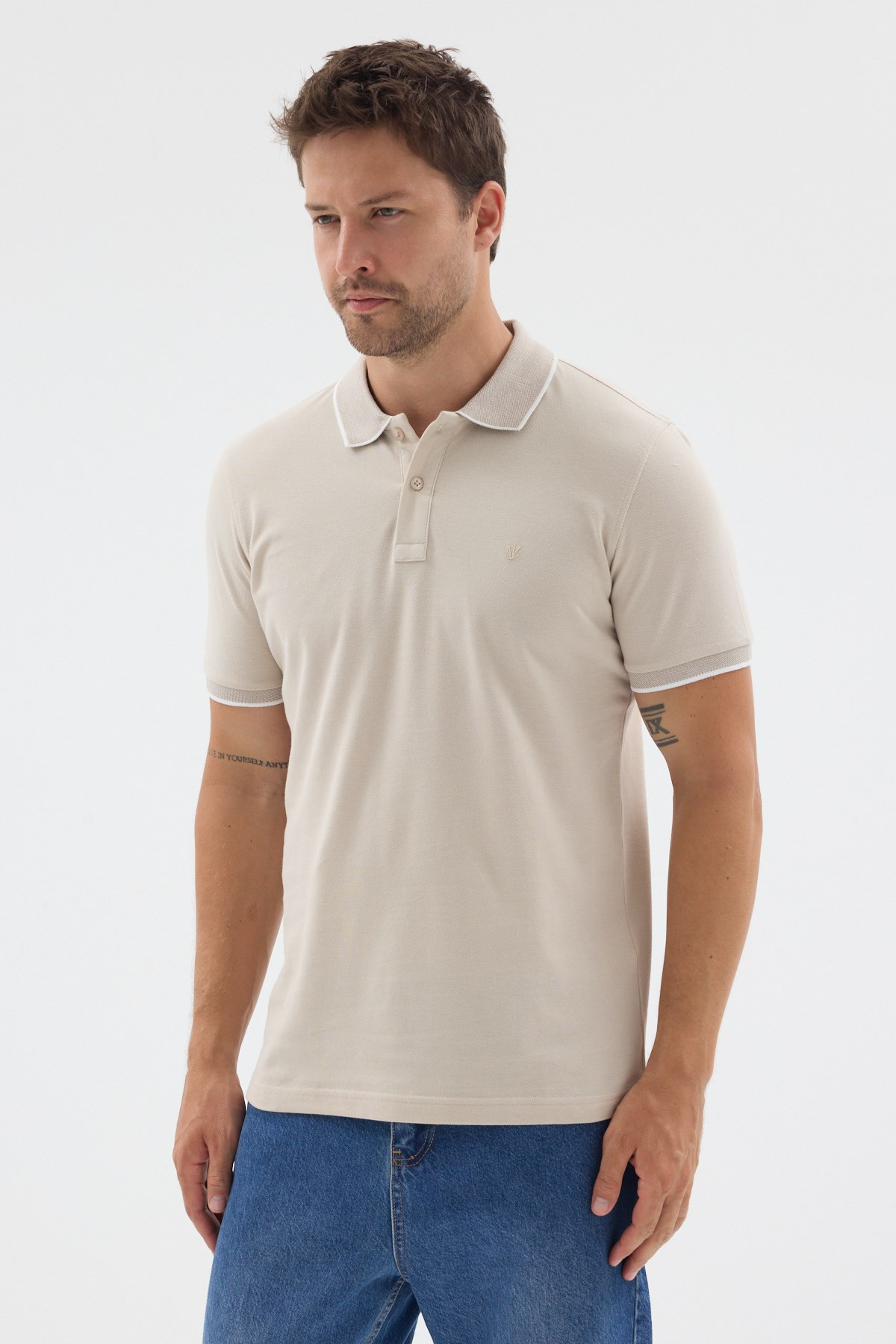 Bej Polo Yaka Pike Kısa Kol Slim Fit %100 Pamuk Tişört 1011260171